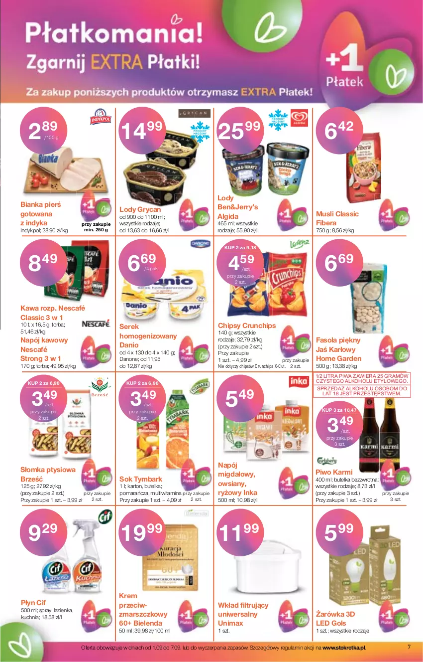 Gazetka promocyjna Stokrotka - Supermarket - ważna 01.09 do 07.09.2022 - strona 7 - produkty: Algida, Bianka, Bielenda, Chipsy, Cif, Crunchips, Danio, Danone, Fa, Fasola, Gra, Gry, Inka, Karmi, Kawa, Krem przeciwzmarszczkowy, Kuchnia, LG, Lody, Mars, Mus, Napój, Nescafé, Piwa, Piwo, Ryż, Ser, Serek, Serek homogenizowany, Sok, Torba, Tymbark, Wkład filtrujący