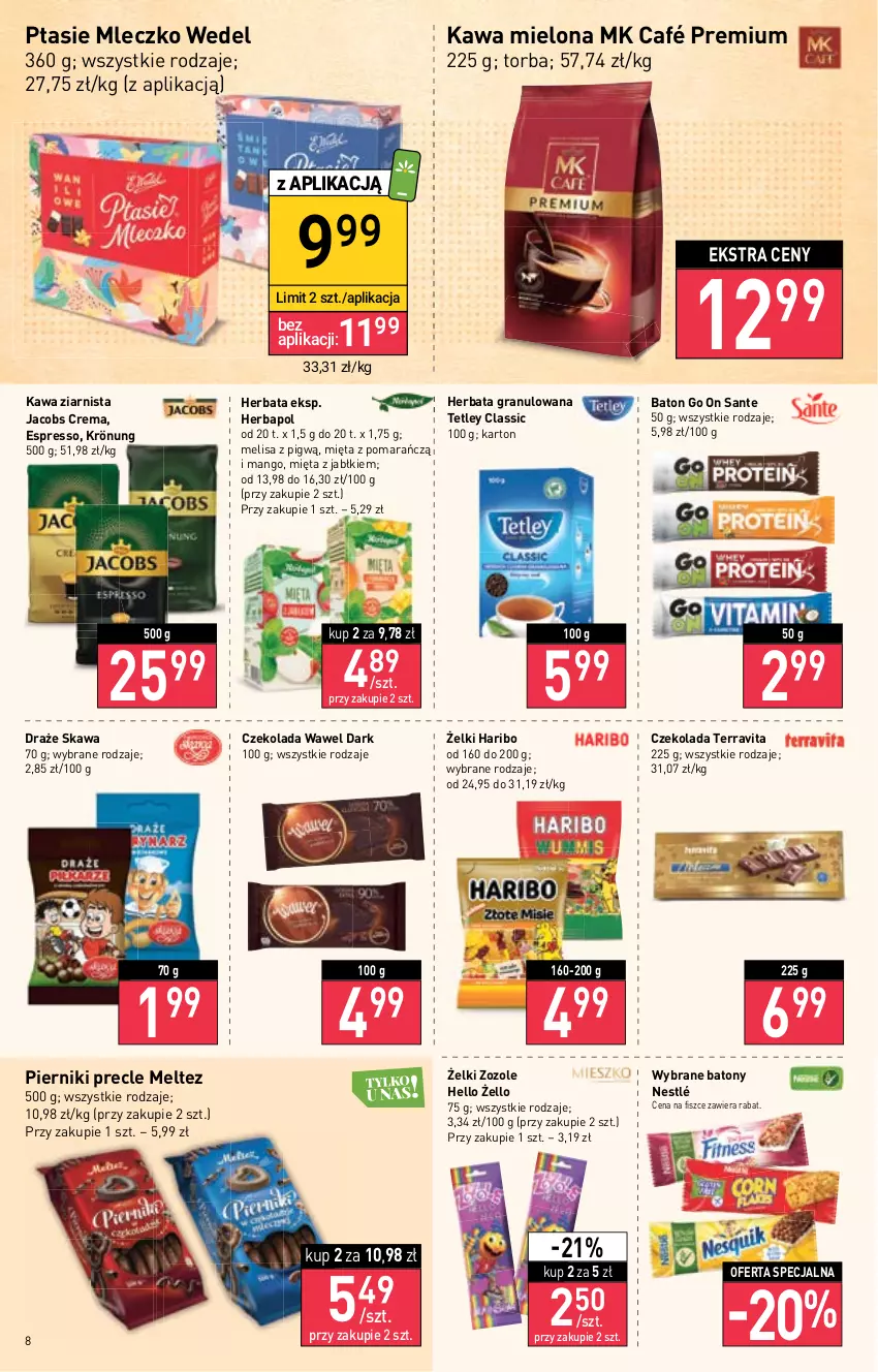 Gazetka promocyjna Stokrotka - Supermarket - ważna 01.09 do 07.09.2022 - strona 8 - produkty: Baton, Czekolada, Gra, Haribo, Herbapol, Herbata, Jacobs, Kawa, Kawa mielona, Kawa ziarnista, Mango, Mięta, Mleczko, Nestlé, Piernik, Precle, Ptasie mleczko, Sante, Tetley, Torba, Wawel