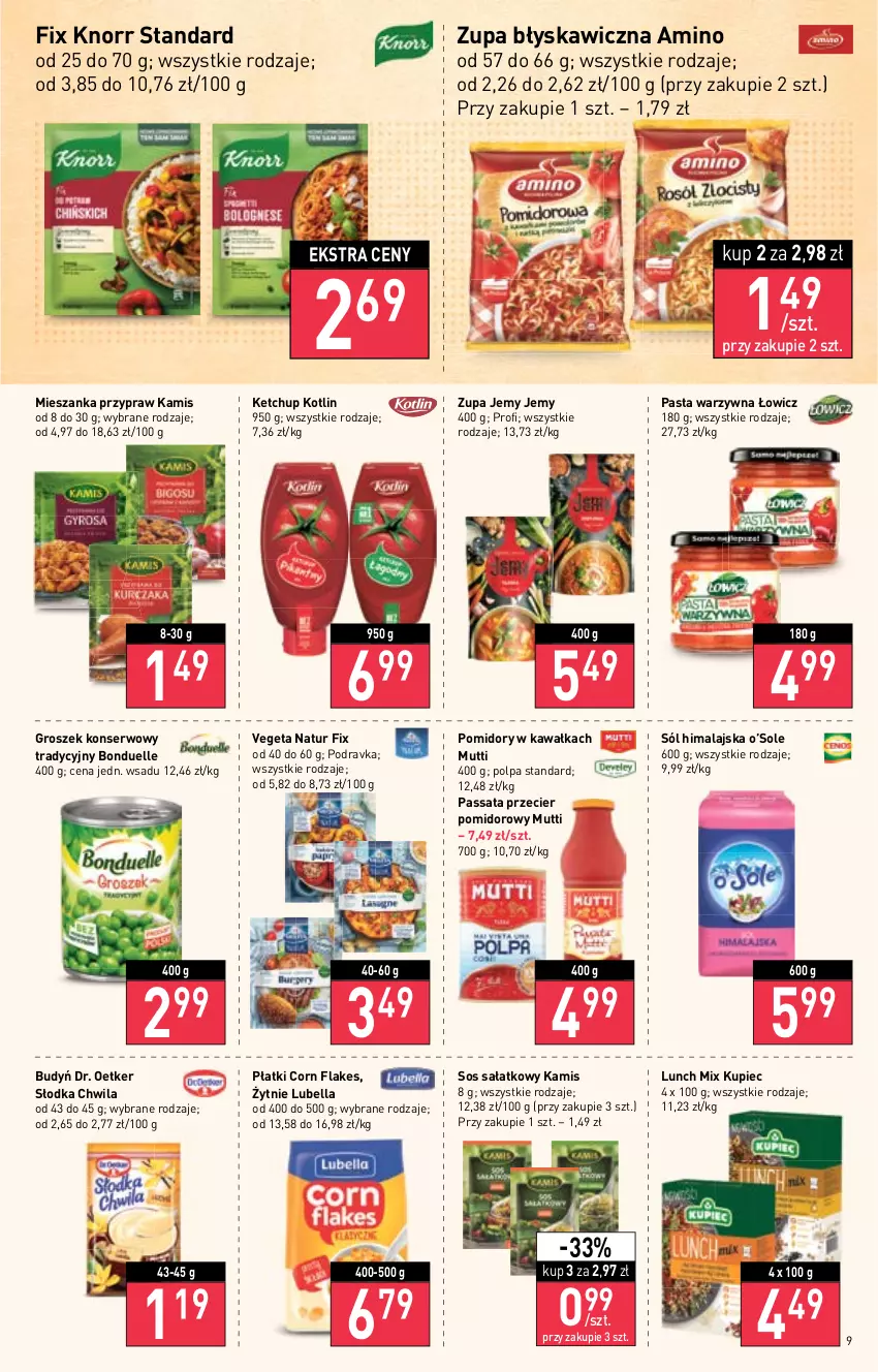 Gazetka promocyjna Stokrotka - Supermarket - ważna 01.09 do 07.09.2022 - strona 9 - produkty: Bell, Bella, Bonduelle, Budyń, Corn flakes, Dr. Oetker, Groszek, Kamis, Kawa, Ketchup, Knorr, Kotlin, Kupiec, Lubella, Pasta warzywna, Piec, Podravka, Pomidory, Pomidory w kawałkach, Sałat, Ser, Słodka Chwila, Sól, Sól himalajska, Sos, Vegeta, Vegeta Natur, Zupa