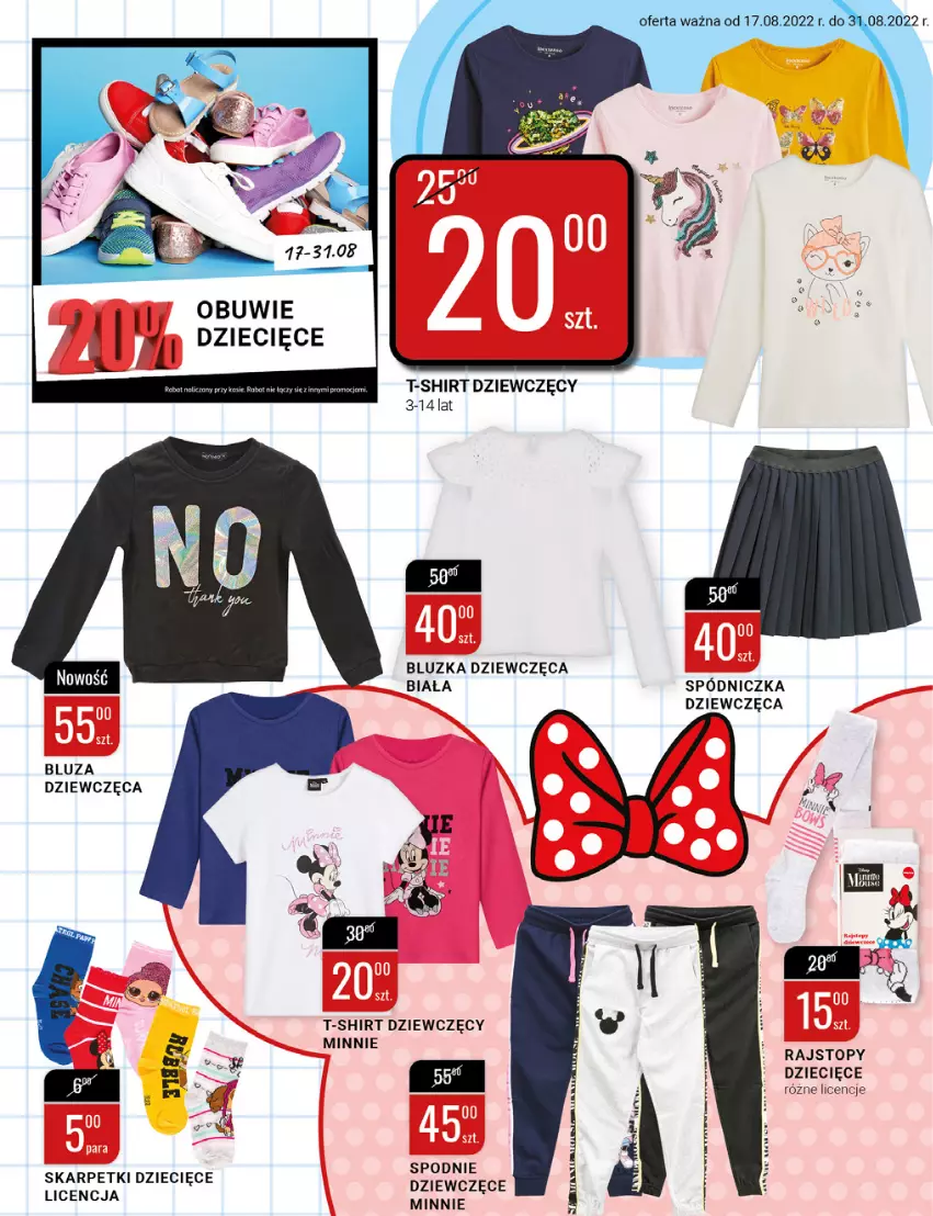 Gazetka promocyjna Bi1 - Wakacyjne hity - ważna 17.08 do 23.08.2022 - strona 14 - produkty: Bluza, Dzieci, Karp, Minnie, Obuwie, Rajstopy, Skarpetki, T-shirt, Top