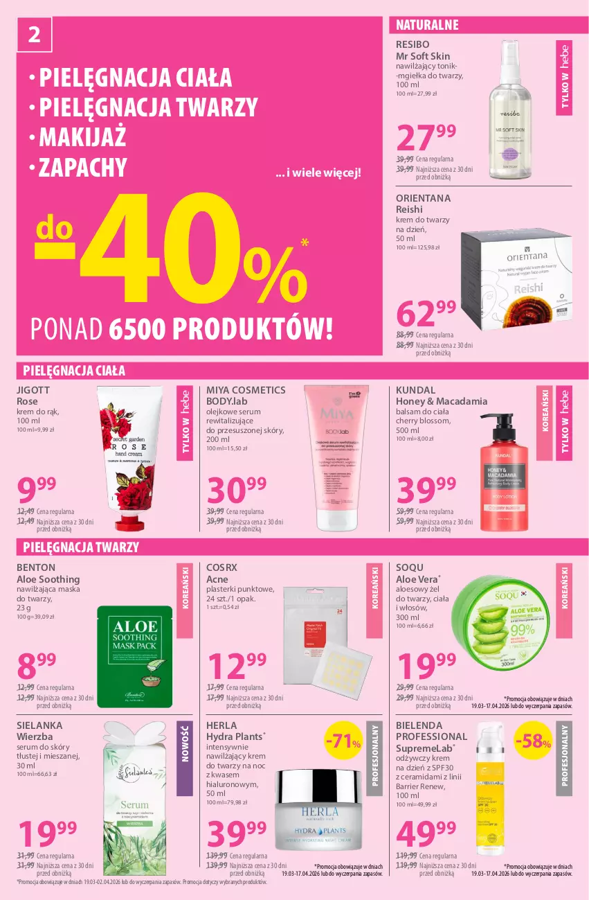 Gazetka promocyjna Hebe - Gazetka - ważna 19.03 do 02.04.2026 - strona 2 - produkty: Aloe vera, Balsam do ciała, Bielenda, Body, Krem do rąk, Krem do twarzy, Krem na dzień, Makijaż, Maska, Maska do twarzy, Mgiełka do twarzy, Miya Cosmetics, Olej, Plasterki, Rum, Ser, Serum, Tonik