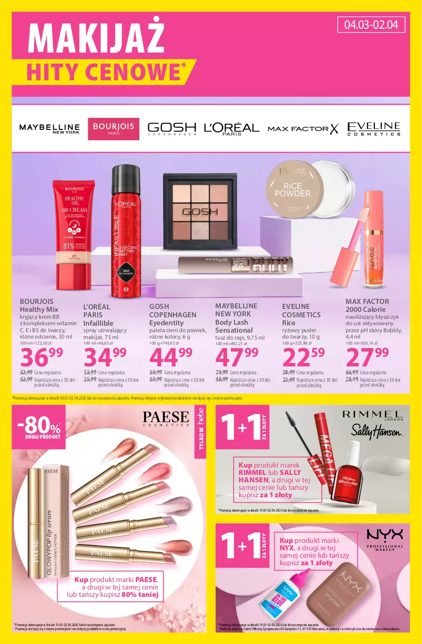Gazetka promocyjna Hebe - Gazetka - ważna 19.03 do 02.04.2026 - strona 8 - produkty: Bell, Błyszczyk do ust, Body, Bourjois, Eveline, Fa, Gosh, Krem bb, L’Oréal, Makijaż, Max Factor, Maybelline, PAESE, Paleta, Puder, Puder do twarzy, Ryż, Sally Hansen, Sati, Tusz
