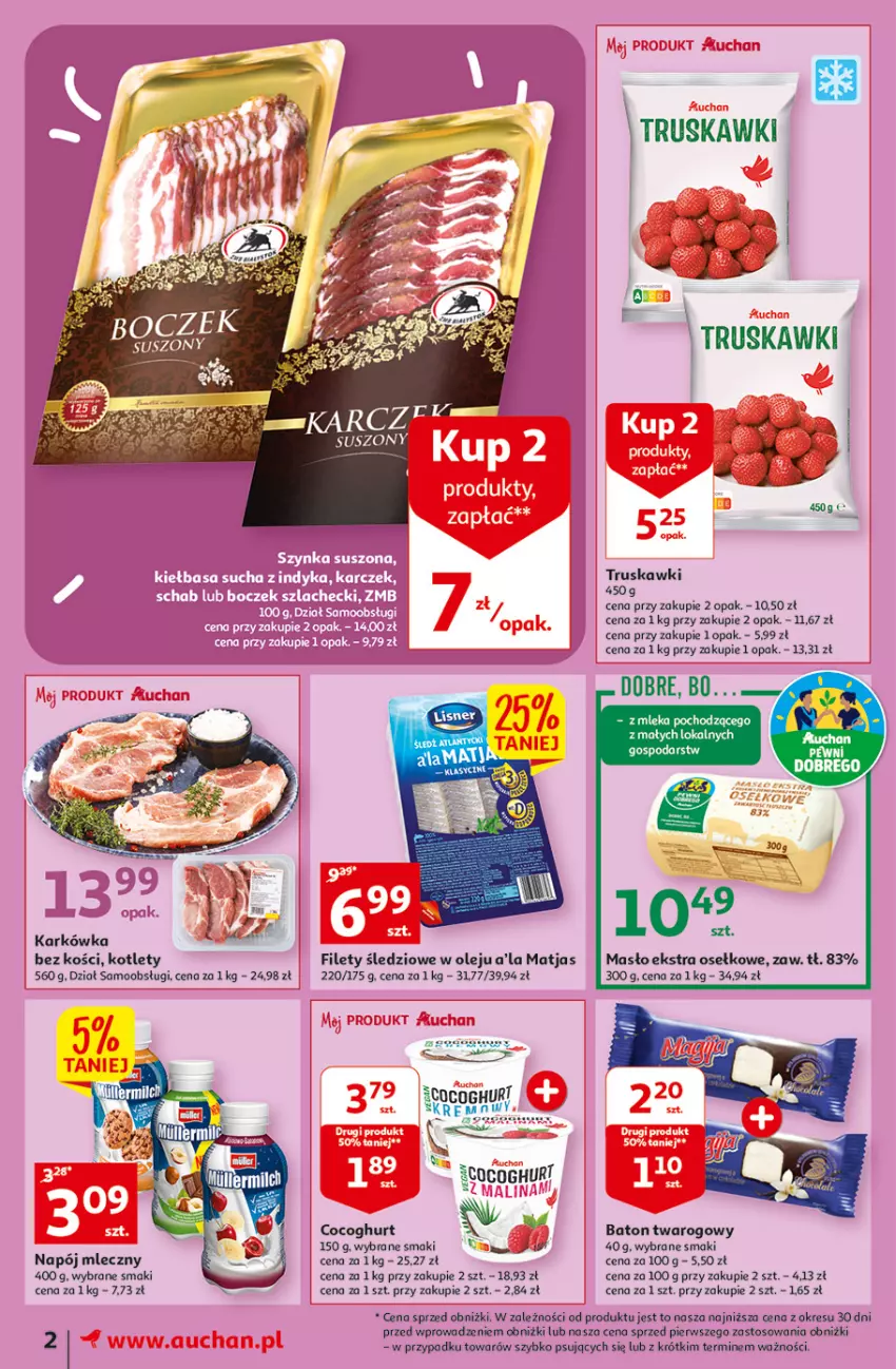 Gazetka promocyjna Auchan - Gazetka Koszyk Oszczędności Moje Auchan - ważna 09.02 do 15.02.2023 - strona 2 - produkty: Baton, Fa, Kotlet, Masło, Matjas, Napój, Napój mleczny, O nas, Olej, Truskawki