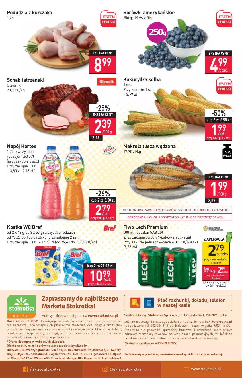 Gazetka promocyjna Stokrotka - Market - ważna 08.09 do 14.09.2022 - strona 12 - produkty: Bref, Gra, Hortex, Karp, Kosz, Kukurydza, Kurczak, Lech Premium, Napój, O nas, Olewnik, Piwa, Piwo, Ser, Szal, Telefon, Tusz, Wagi, Wilson