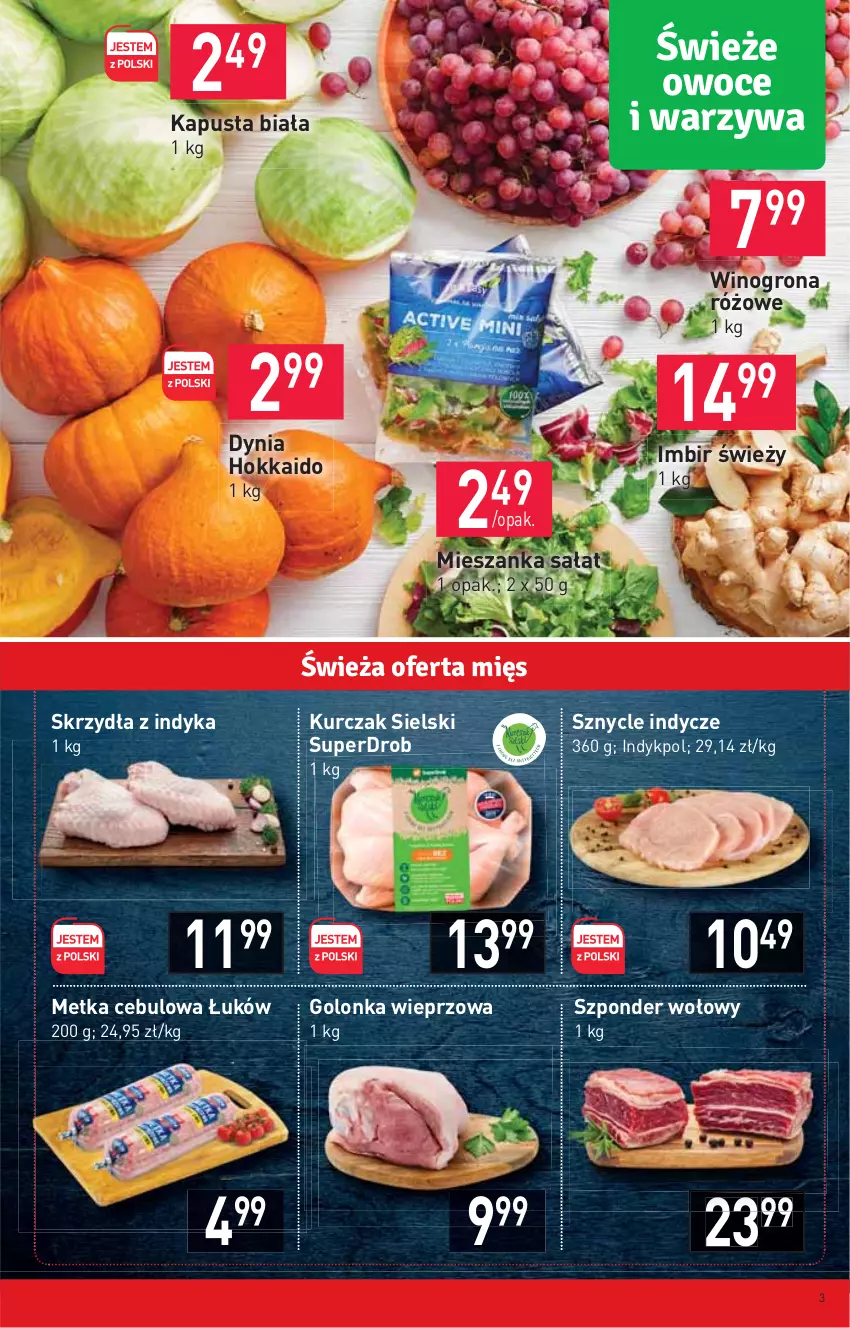 Gazetka promocyjna Stokrotka - Market - ważna 08.09 do 14.09.2022 - strona 3 - produkty: Golonka wieprzowa, Imbir, Kurczak, Mieszanka sałat, Sałat, Szponder wołowy, Wino, Winogrona