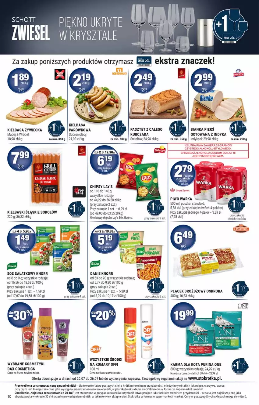 Gazetka promocyjna Stokrotka - Market - ważna 20.07 do 26.07.2023 - strona 11 - produkty: Bianka, Chipsy, DAX, Jaja, Kiełbasa, Kiełbaski śląskie, Knorr, Kurczak, Mięso, Owoce, Pasztet, Piwo, Pur, Purina, Sałat, Sok, Sokołów, Sos, Warka, Warzywa