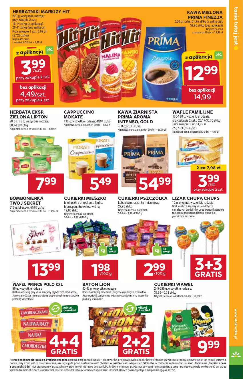 Gazetka promocyjna Stokrotka - Market - ważna 15.05 do 21.05.2025 - strona 11 - produkty: Baton, Brownie, Cappuccino, Chupa Chups, Cukier, Cukierki, Fa, Gin, Gra, Herbata, Herbatniki, Kawa, Kawa mielona, Kawa ziarnista, Kret, Lion, Lipton, Mięso, Owoce, Por, Prima, Prince Polo, Torba, Wafle, Warzywa, Wawel