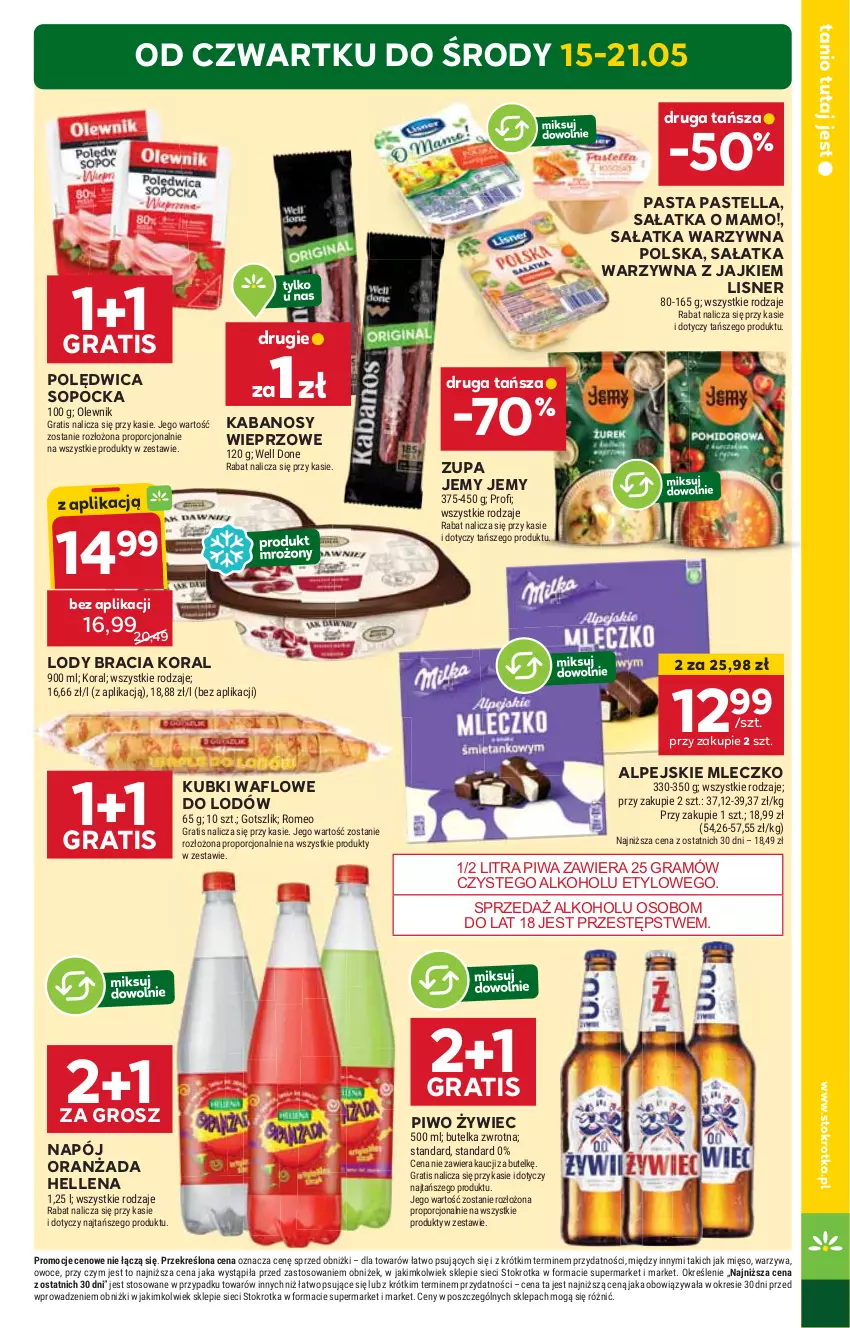 Gazetka promocyjna Stokrotka - Market - ważna 15.05 do 21.05.2025 - strona 3 - produkty: Gra, Hellena, Kabanos, Lisner, Lody, Mięso, Mleczko, Napój, Olewnik, Oranżada, Owoce, Pastella, Piwa, Piwo, Polędwica, Por, Sałat, Sałatka, Sałatka warzywna, Warzywa, Zupa