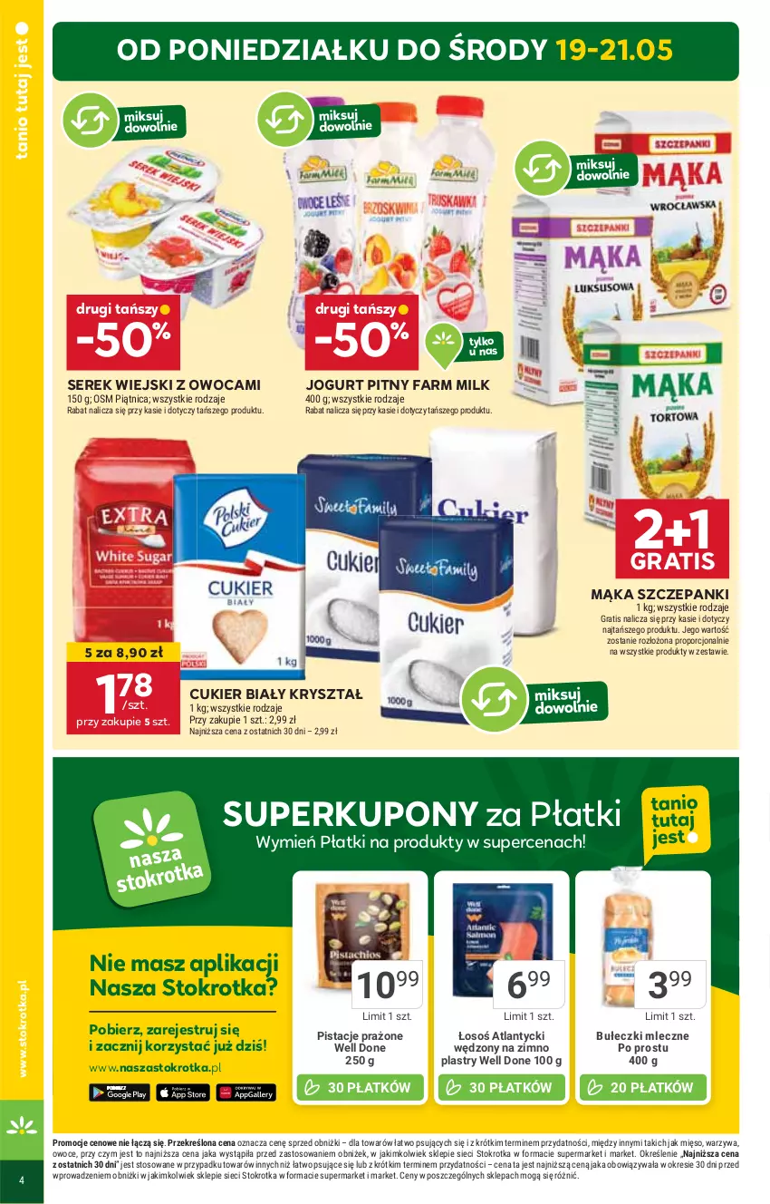 Gazetka promocyjna Stokrotka - Market - ważna 15.05 do 21.05.2025 - strona 4 - produkty: Bułeczki, Bułeczki mleczne, Cukier, Fa, Farm Milk, Gra, HP, Jogurt, Jogurt pitny, Mąka, Mięso, Owoce, Piątnica, Por, Ser, Serek, Serek wiejski, Warzywa