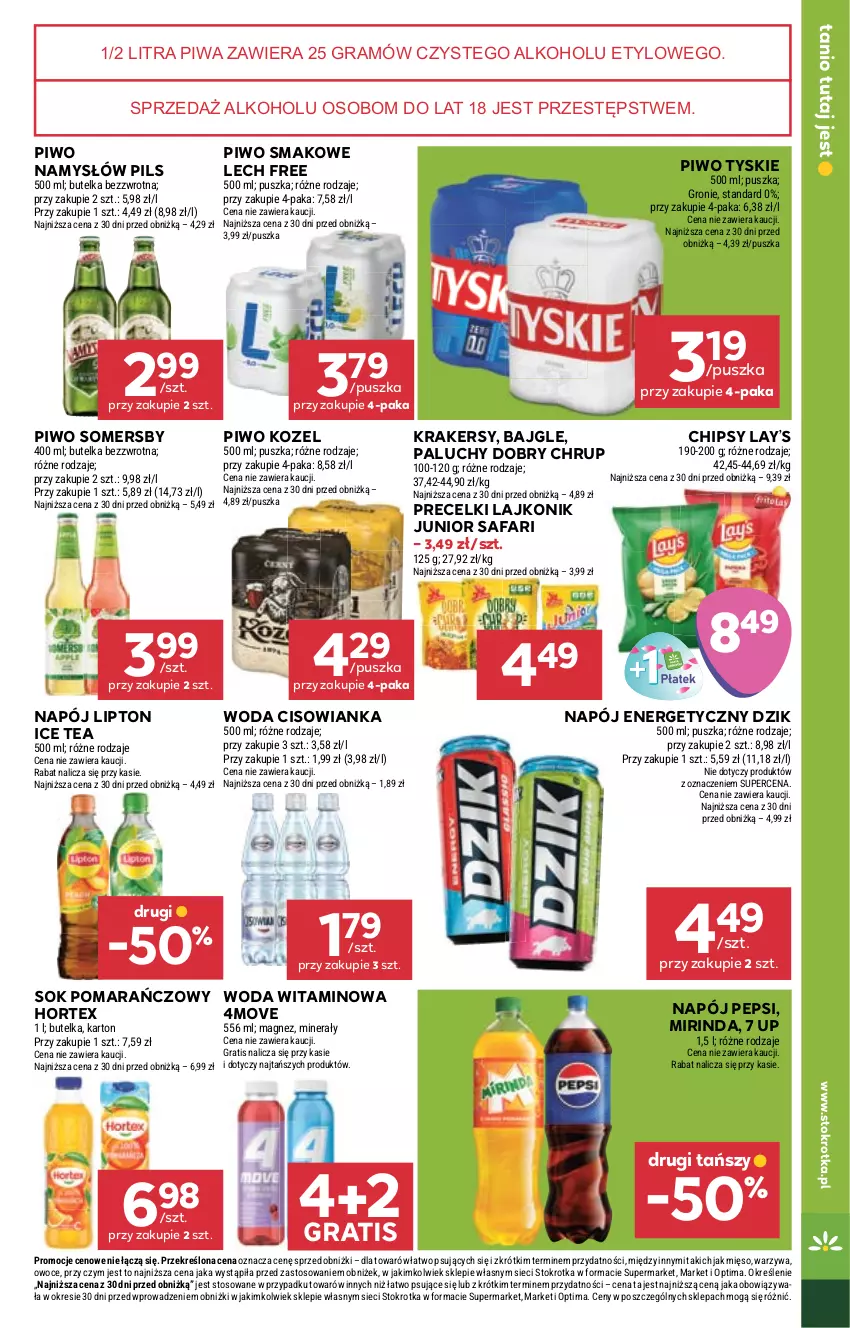 Gazetka promocyjna Stokrotka - Market - ważna 08.10 do 14.10.2026 - strona 27 - produkty: Bajgle, Chipsy, Cisowianka, Fa, Gra, Hortex, Ice tea, Kozel, Krakersy, Lajkonik, Lay’s, Lipton, Magnez, Mięso, Mirinda, Namysłów, Napój, Napój energetyczny, Optima, Owoce, Pepsi, Piwa, Piwo, Precelki, Sok, Sok pomarańczowy, Somersby, Tyskie, Warzywa, Woda