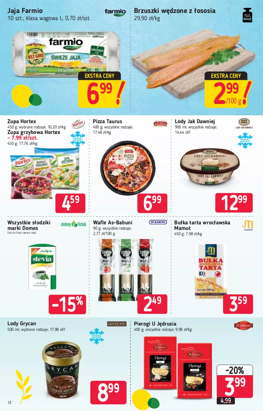 Gazetka promocyjna Stokrotka - Supermarket - ważna 18.03 do 24.03.2021 - strona 12 - produkty: Babuni, Bułka, Bułka tarta, Fa, Gry, Hortex, Jaja, Lody, Pierogi, Pizza, Sos, Tarta, Zupa