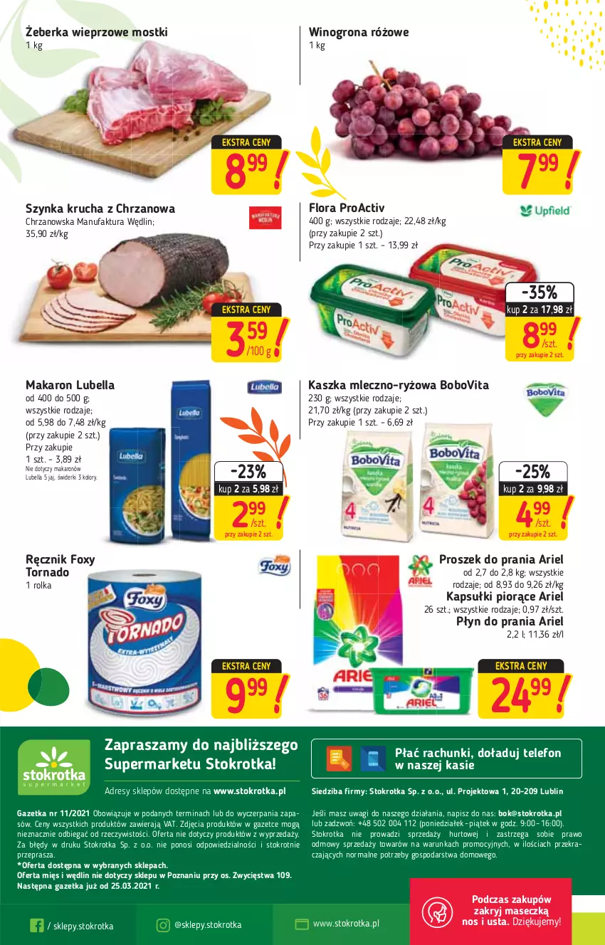 Gazetka promocyjna Stokrotka - Supermarket - ważna 18.03 do 24.03.2021 - strona 20 - produkty: Ariel, Bell, Bella, BoboVita, Chrzan, Dres, Fa, Flora, Foxy, JBL, Lubella, Makaron, O nas, Płyn do prania, Proszek do prania, Ręcznik, Ryż, Szynka, Telefon, Wagi, Wino, Winogrona