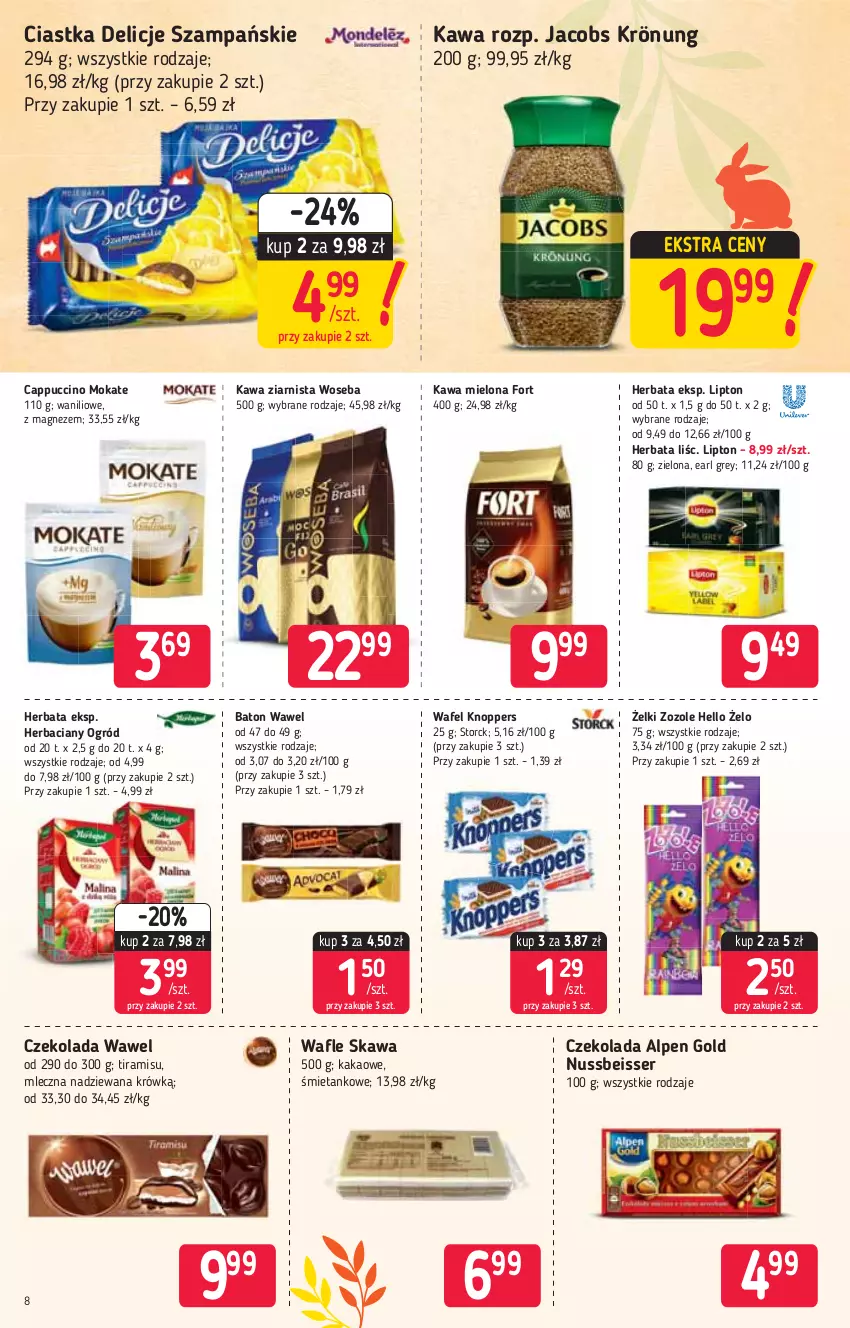 Gazetka promocyjna Stokrotka - Supermarket - ważna 18.03 do 24.03.2021 - strona 8 - produkty: Baton, Cappuccino, Ciastka, Czekolada, Delicje, Earl Grey, Herbata, Jacobs, Jacobs Krönung, Kakao, Kawa, Kawa mielona, Kawa ziarnista, Knoppers, Lipton, Magnez, Ogród, Ser, Wawel, Woseba