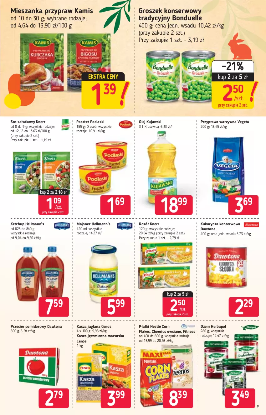 Gazetka promocyjna Stokrotka - Supermarket - ważna 18.03 do 24.03.2021 - strona 9 - produkty: Bonduelle, Cenos, Cheerios, Corn flakes, Dawtona, Dżem, Groszek, Hellmann’s, Herbapol, Kamis, Kasza, Kasza jaglana, Kasza jęczmienna, Ketchup, Knorr, Kujawski, Kukurydza, Kukurydza konserwowa, LANA, Majonez, Nestlé, Olej, Pasztet, Podlaski, Rosół, Sałat, Ser, Sos, Vegeta