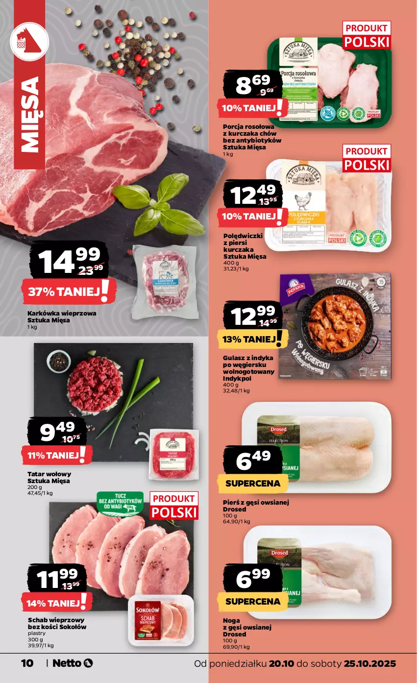 Gazetka promocyjna Netto - Od Poniedziałku - ważna 20.10 do 25.10.2025 - strona 10 - produkty: Karkówka wieprzowa, Kurczak, Por, Schab wieprzowy, Sok, Sokołów, Tatar wołowy