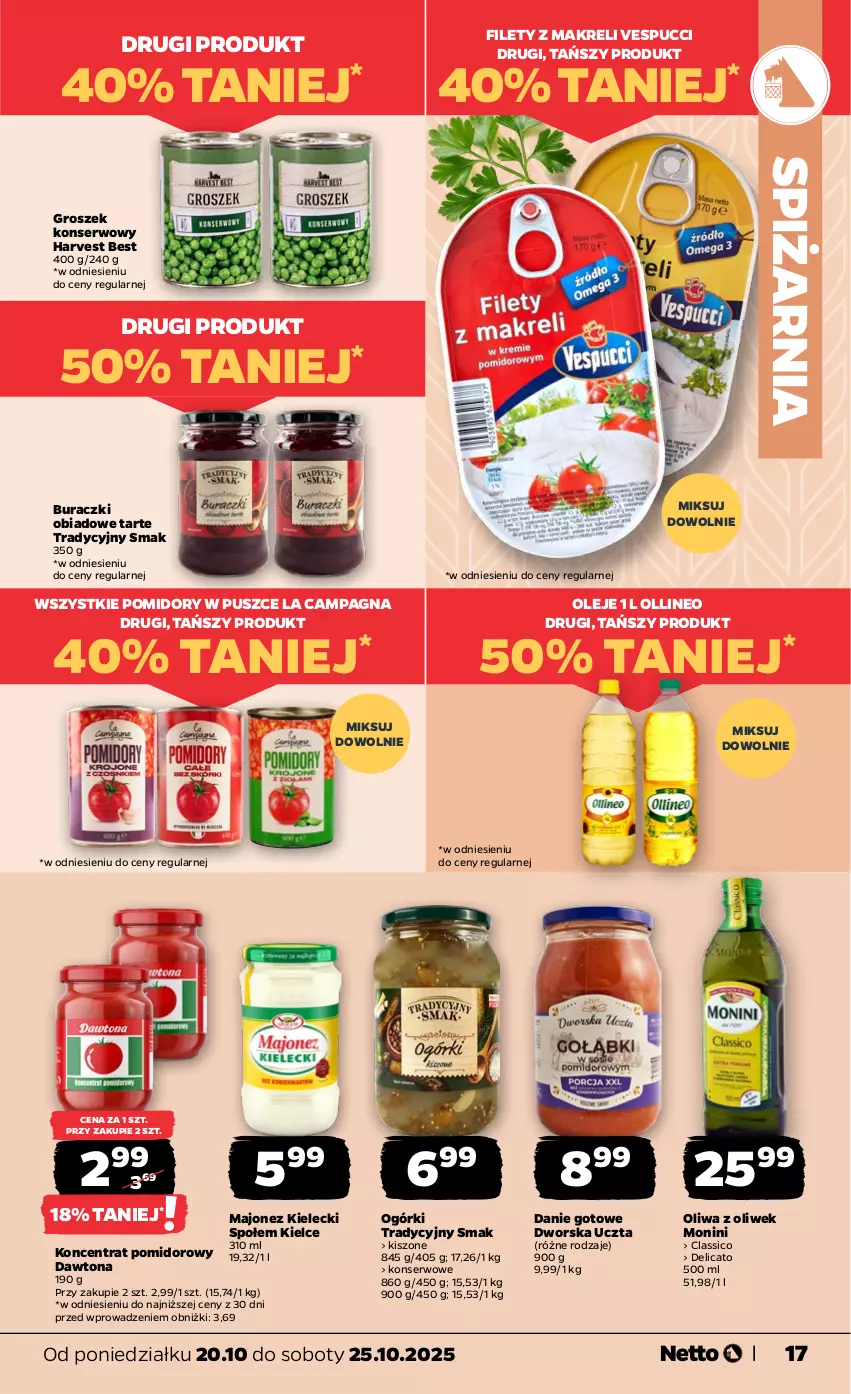 Gazetka promocyjna Netto - Od Poniedziałku - ważna 20.10 do 25.10.2025 - strona 17 - produkty: Buraczki, Danie gotowe, Dawtona, Groszek, Koncentrat pomidorowy, Majonez, Monini, Olej, Oliwa, Oliwa z oliwek, Pomidory, Ser