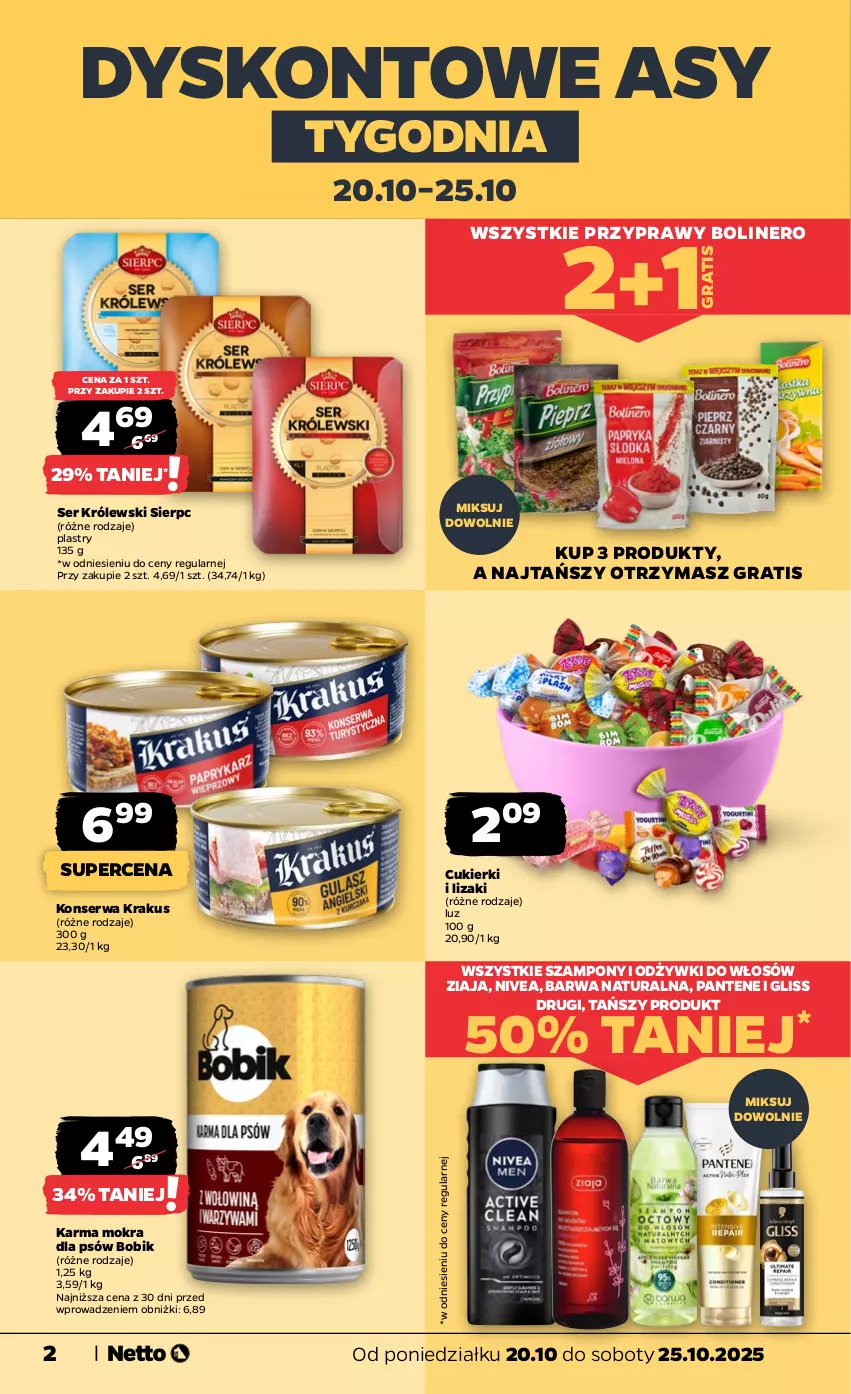 Gazetka promocyjna Netto - Od Poniedziałku - ważna 20.10 do 25.10.2025 - strona 2 - produkty: Barwa Naturalna, Cukier, Cukierki, Gra, Krakus, Królewski, Lizaki, Nivea, Pantene, Przyprawy, Ser, Szampon, Ziaja