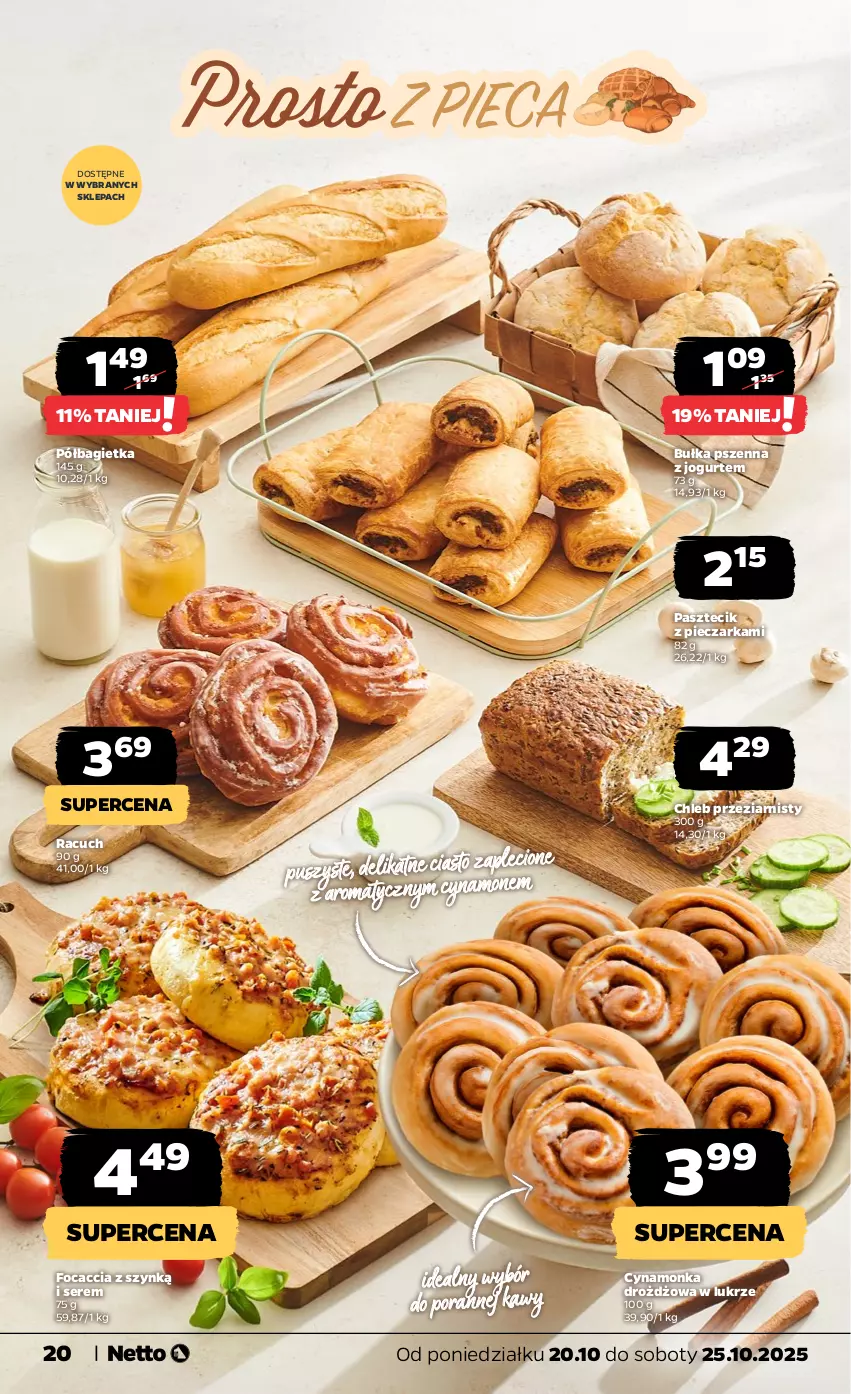 Gazetka promocyjna Netto - Od Poniedziałku - ważna 20.10 do 25.10.2025 - strona 20 - produkty: Bagietka, Bułka, Chleb, Focaccia, Jogurt, Pasztecik z pieczarkami, Piec, Pieczarka, Półbagietka, Por, Ser