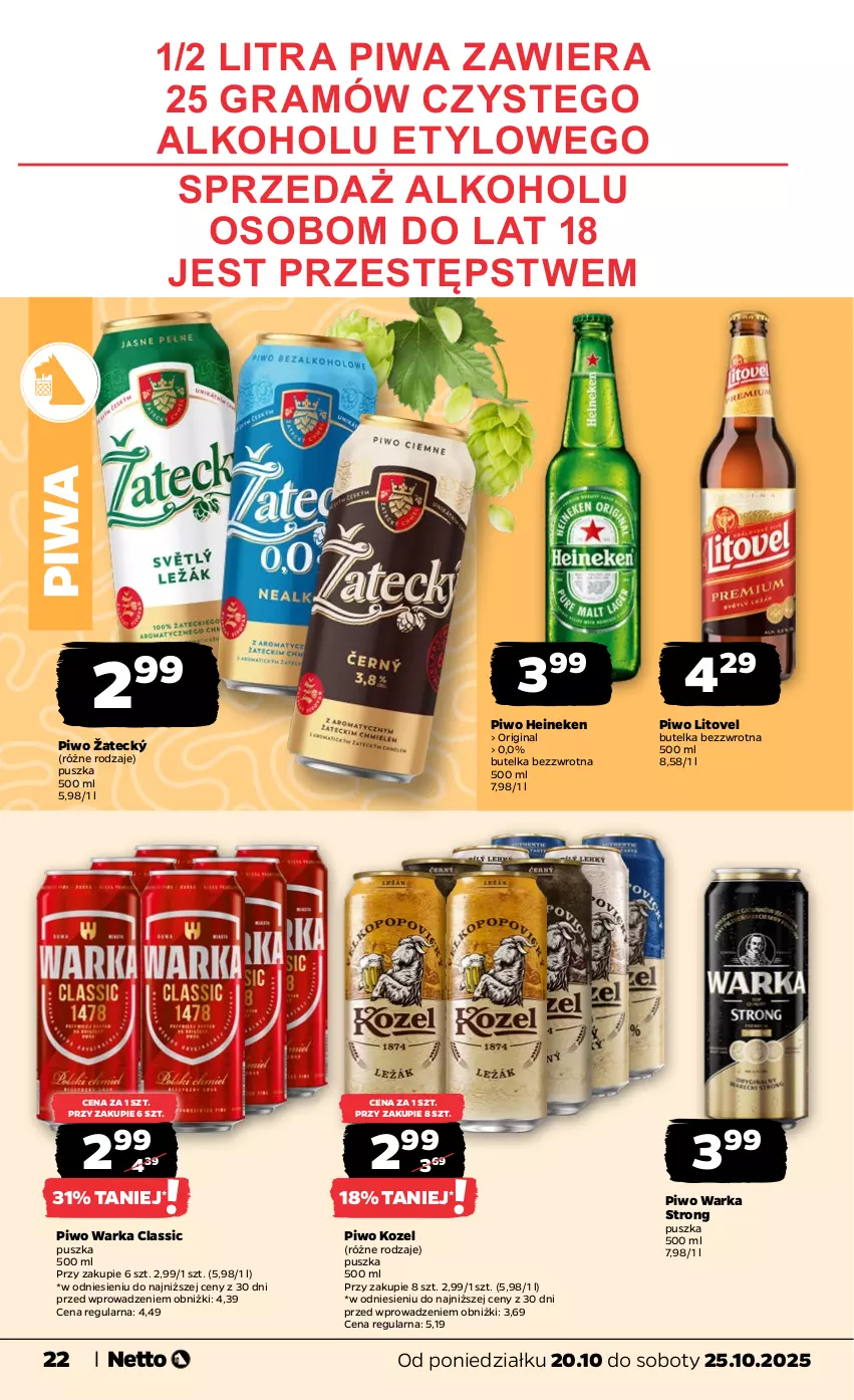 Gazetka promocyjna Netto - Od Poniedziałku - ważna 20.10 do 25.10.2025 - strona 22 - produkty: Gin, Gra, Heineken, Kozel, Piwa, Piwo, Warka