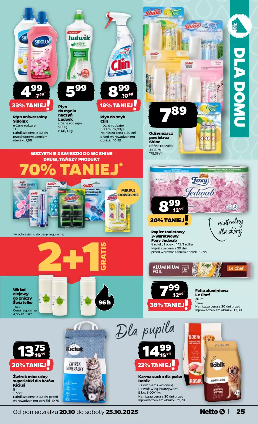 Gazetka promocyjna Netto - Od Poniedziałku - ważna 20.10 do 25.10.2025 - strona 25 - produkty: Clin, Do mycia naczyń, Folia aluminiowa, Foxy, Gra, Ludwik, Odświeżacz powietrza, Olej, Papier, Papier toaletowy, Płyn do mycia, Płyn do mycia naczyń, Płyn do szyb, Sidolux, Warzywa, Wkład olejowy, Zawieszki, Znicz