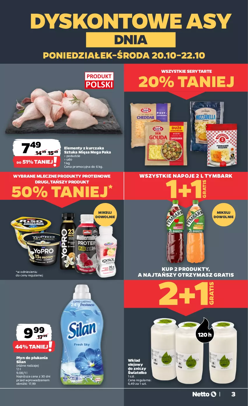 Gazetka promocyjna Netto - Od Poniedziałku - ważna 20.10 do 25.10.2025 - strona 3 - produkty: Gra, Kurczak, Napoje, Olej, Płyn do płukania, Ser, Silan, Tymbark, Wkład olejowy, Znicz