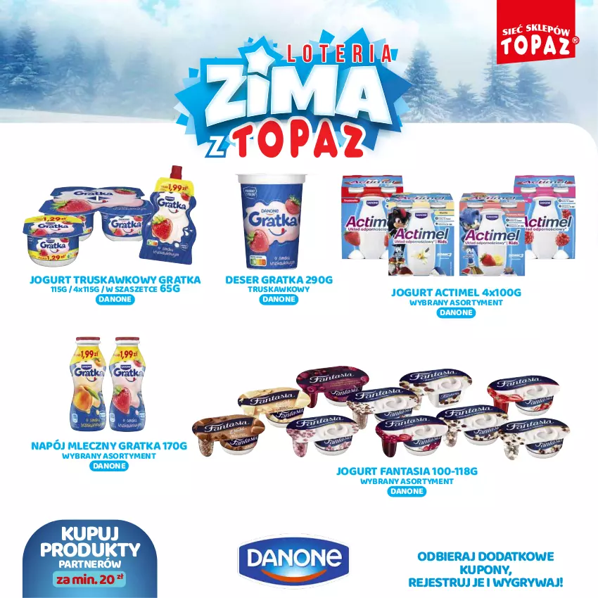 Gazetka promocyjna Topaz - Gazetka - ważna 02.12.2024 do 26.01.2025 - strona 11 - produkty: Actimel, Danone, Deser, Fa, Fanta, Gra, Gry, Jogurt, Napój, Napój mleczny, Ser