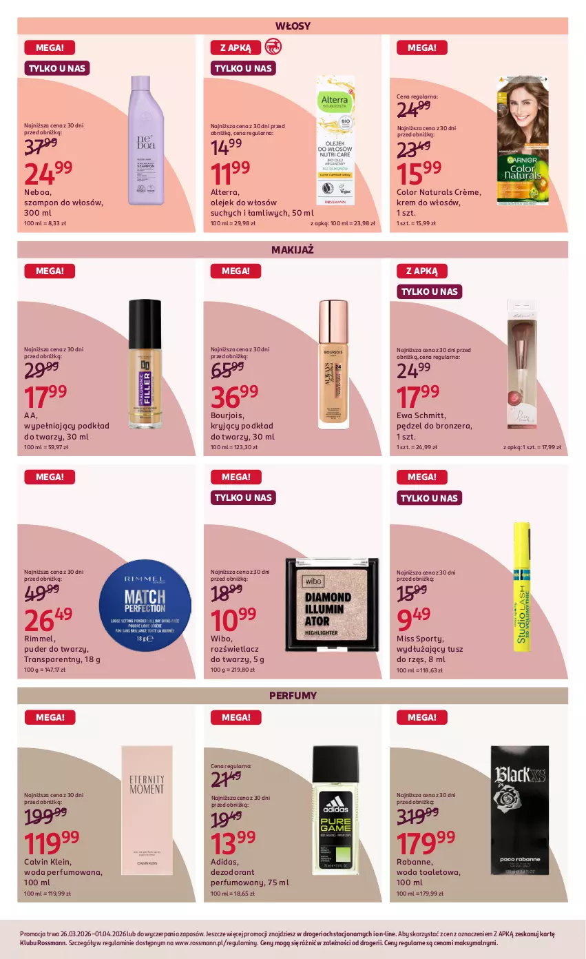 Gazetka promocyjna Rossmann - Gazetka promocyjna Rossmanna - ważna 26.03 do 31.03.2026 - strona 4 - produkty: Adidas, Alterra, Bourjois, Bronzer, Calvin Klein, Dezodorant, Ewa Schmitt, Makijaż, Miss Sporty, Olej, Perfum, Podkład, Podkład do twarzy, Por, Puder, Puder do twarzy, Rozświetlacz, Sport, Szampon, Tran, Tusz, Wibo, Woda, Woda perfumowana, Woda toaletowa