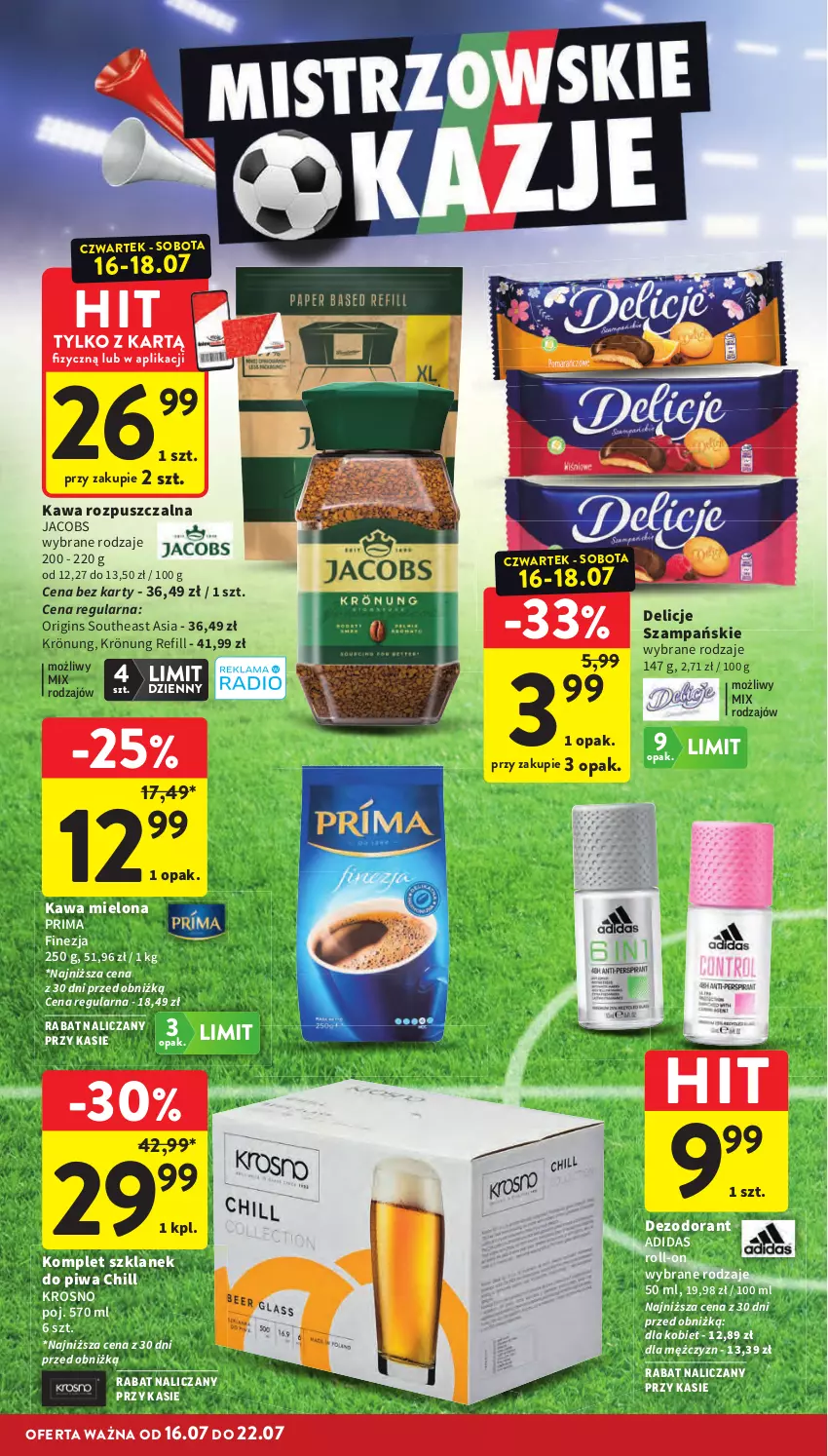 Gazetka promocyjna Intermarche - Gazetka promocyjna - ważna 16.07 do 22.07.2026 - strona 12 - produkty: Adidas, Delicje, Dezodorant, Gin, Jacobs, Kawa, Kawa mielona, Kawa rozpuszczalna, Piwa, Prima
