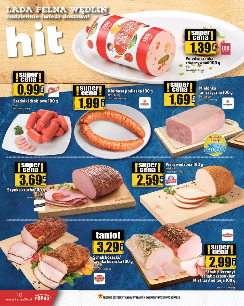 Gazetka promocyjna Topaz - Gazetka - ważna 26.09 do 02.10.2024 - strona 10 - produkty: Duda, Kiełbasa, Krakus, Pekpol, Piec, Schab pieczony, Ser, Serdelki, Szynka, Top, Warzywa, Wino