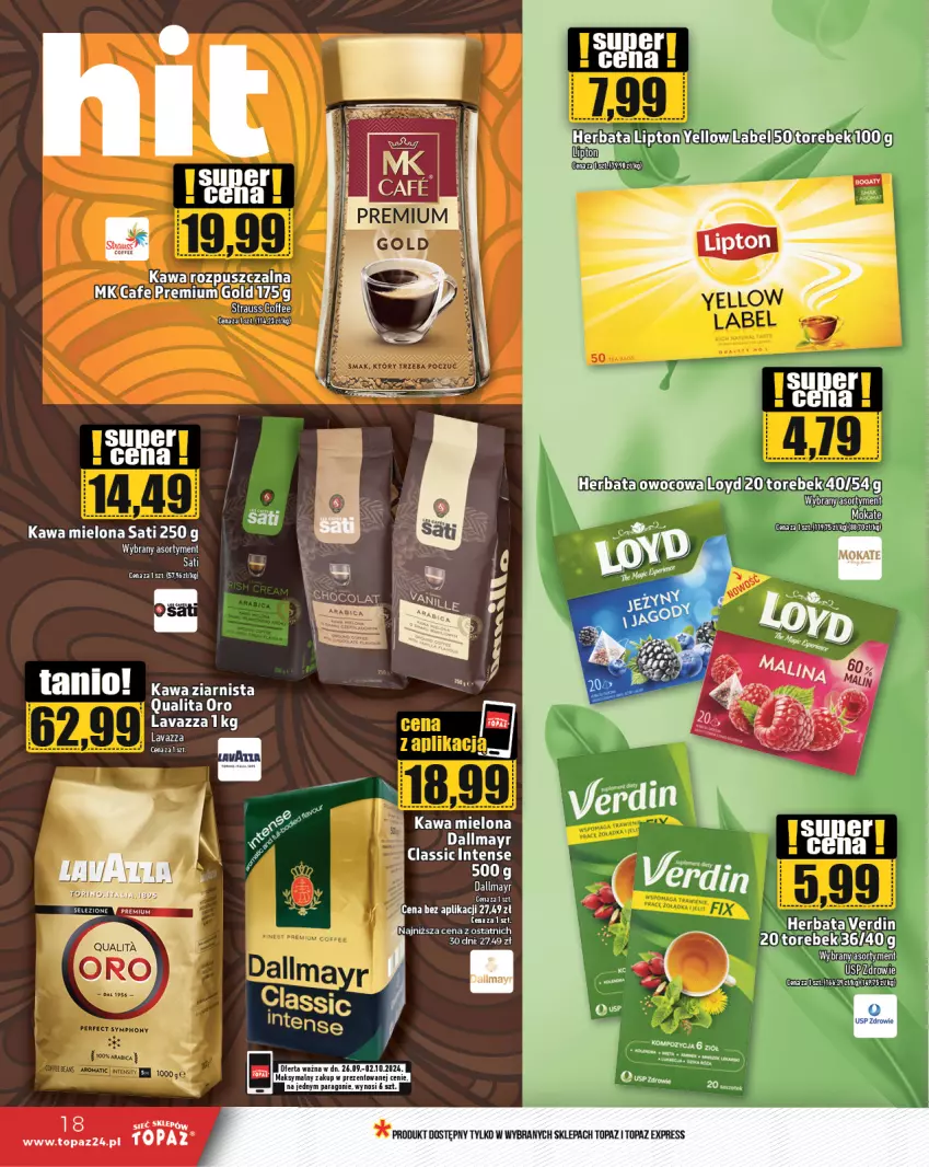 Gazetka promocyjna Topaz - Gazetka - ważna 26.09 do 02.10.2024 - strona 18 - produkty: Dallmayr, Herbata, Kawa, Kawa mielona, Kawa rozpuszczalna, Lavazza, Sati, Top