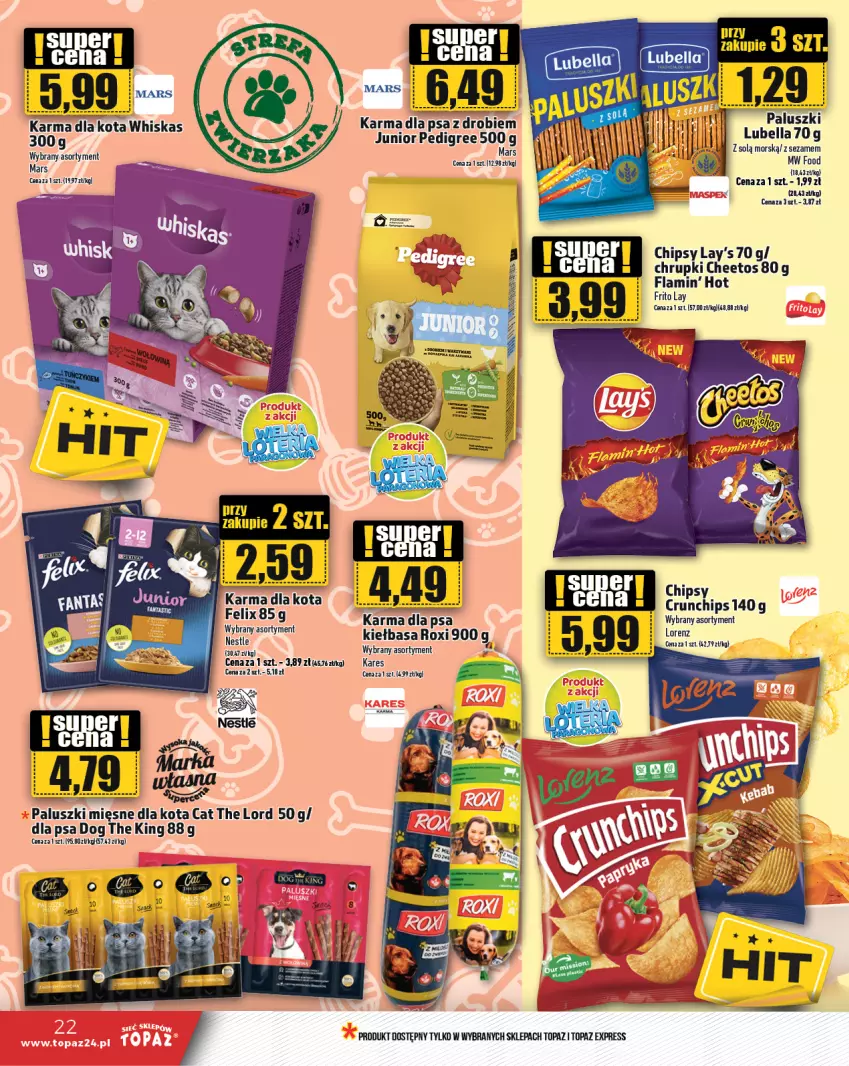 Gazetka promocyjna Topaz - Gazetka - ważna 26.09 do 02.10.2024 - strona 22 - produkty: Cheetos, Chipsy, Chrupki, Crunchips, Kiełbasa, Pedigree, Top