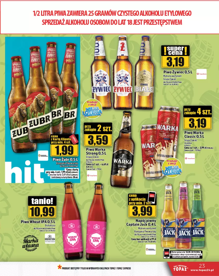 Gazetka promocyjna Topaz - Gazetka - ważna 26.09 do 02.10.2024 - strona 23 - produkty: Captain Jack, Fa, Gin, Napój, Piwo, Top, Warka