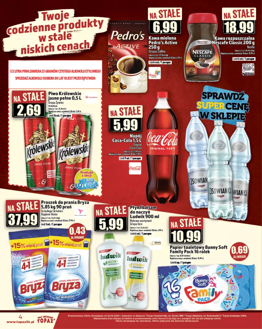 Gazetka promocyjna Topaz - Gazetka - ważna 26.09 do 02.10.2024 - strona 4 - produkty: Bryza, Fa, Kawa, Kawa mielona, Królewski, Ludwik, Papier, Papier toaletowy, Piwo, Proszek do prania