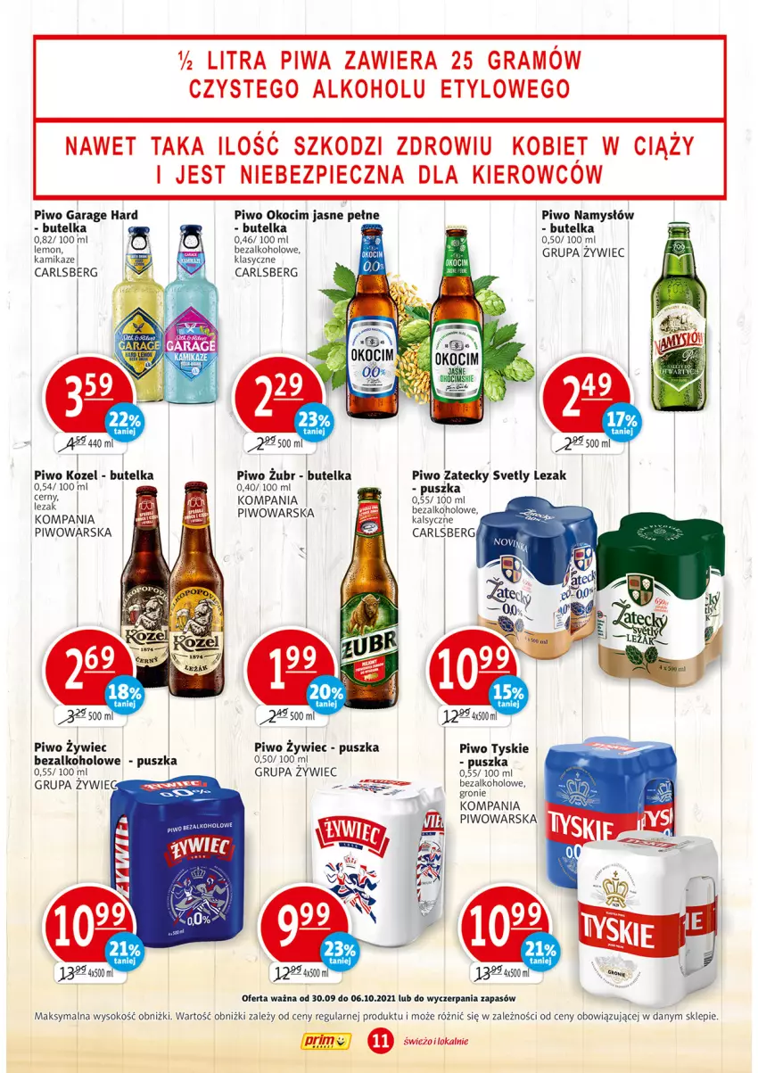 Gazetka promocyjna Prim Market - Gazetka - ważna 30.09 do 06.10.2021 - strona 11 - produkty: Carlsberg, Gra, Koc, Kozel, Namysłów, Okocim, Piec, Piwa, Piwo, Sok, Tyskie