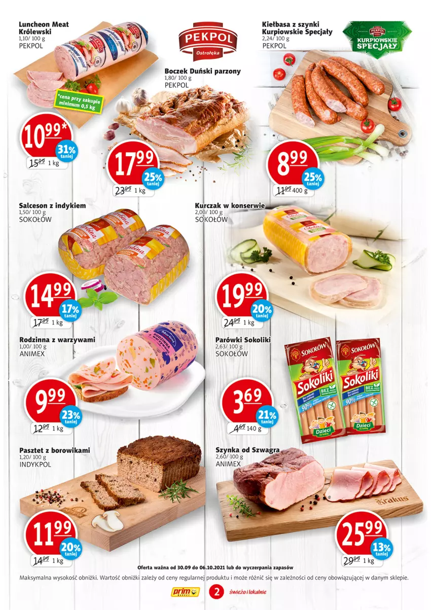 Gazetka promocyjna Prim Market - Gazetka - ważna 30.09 do 06.10.2021 - strona 2 - produkty: Boczek, Gra, Kiełbasa, Królewski, Kurczak, Parówki, Parówki sokoliki, Pasztet, Pekpol, Salceson, Ser, Sok, Sokołów, Szynka, Warzywa