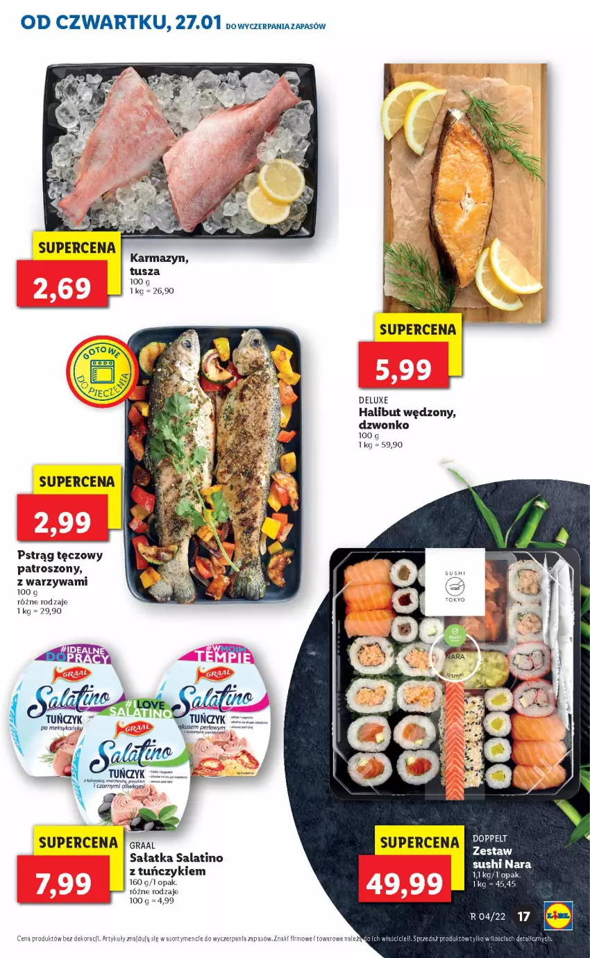 Gazetka promocyjna Lidl - GAZETKA - ważna 27.01 do 30.01.2022 - strona 17 - produkty: Gra, Halibut, Marchewka, Pstrąg, Pstrąg tęczowy, Sałat, Sałatka, Sushi, Tuńczyk, Tusz, Warzywa