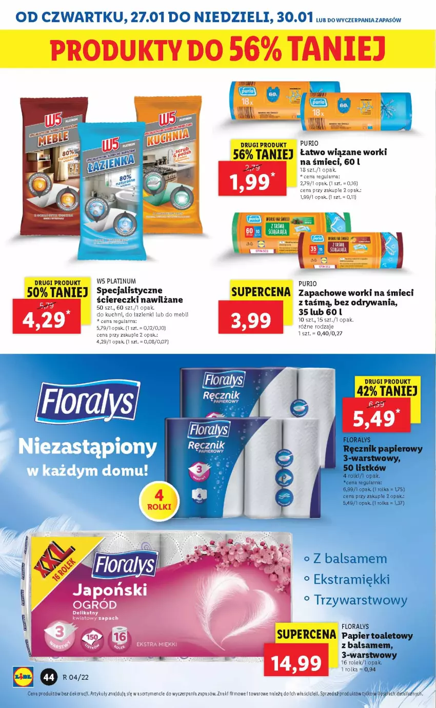 Gazetka promocyjna Lidl - GAZETKA - ważna 27.01 do 30.01.2022 - strona 44 - produkty: Flora, Papier, Papier toaletowy, Pur, Ręcznik, Rolki, Worki na śmiec, Worki na śmieci