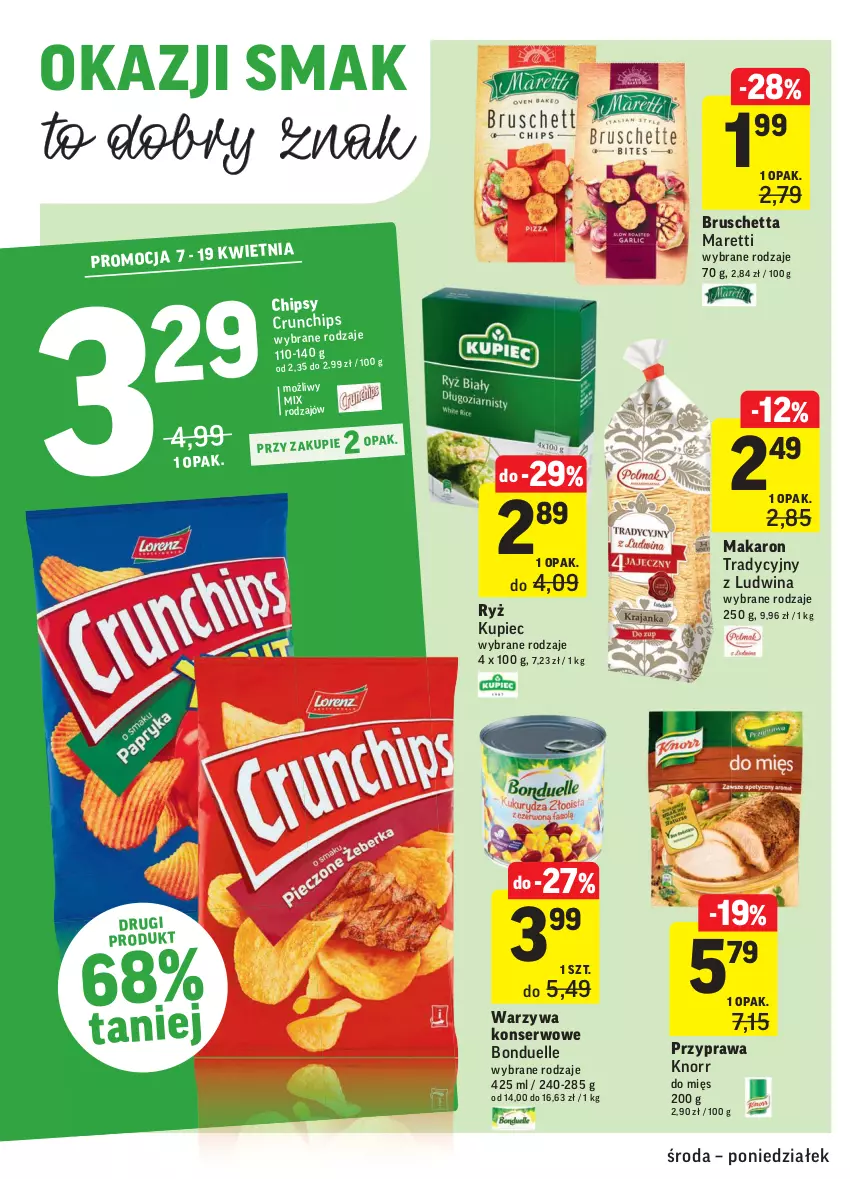 Gazetka promocyjna Intermarche - Gazetka tygodnia - ważna 07.04 do 12.04.2021 - strona 28 - produkty: Bonduelle, Chipsy, Crunchips, Knorr, Kupiec, Makaron, Piec, Ryż, Ser, Warzywa, Warzywa konserwowe