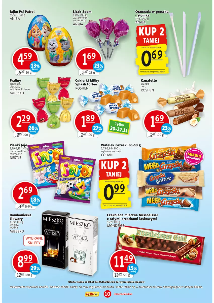 Gazetka promocyjna Prim Market - Gazetka - ważna 18.11 do 24.11.2021 - strona 10 - produkty: Cukier, Cukierki, Czekolada, Czekolada mleczna, Grześki, Likier, Mars, Melon, Oranżada, Praliny, Psi Patrol, Ser, Sok, Wafelek, Wódka