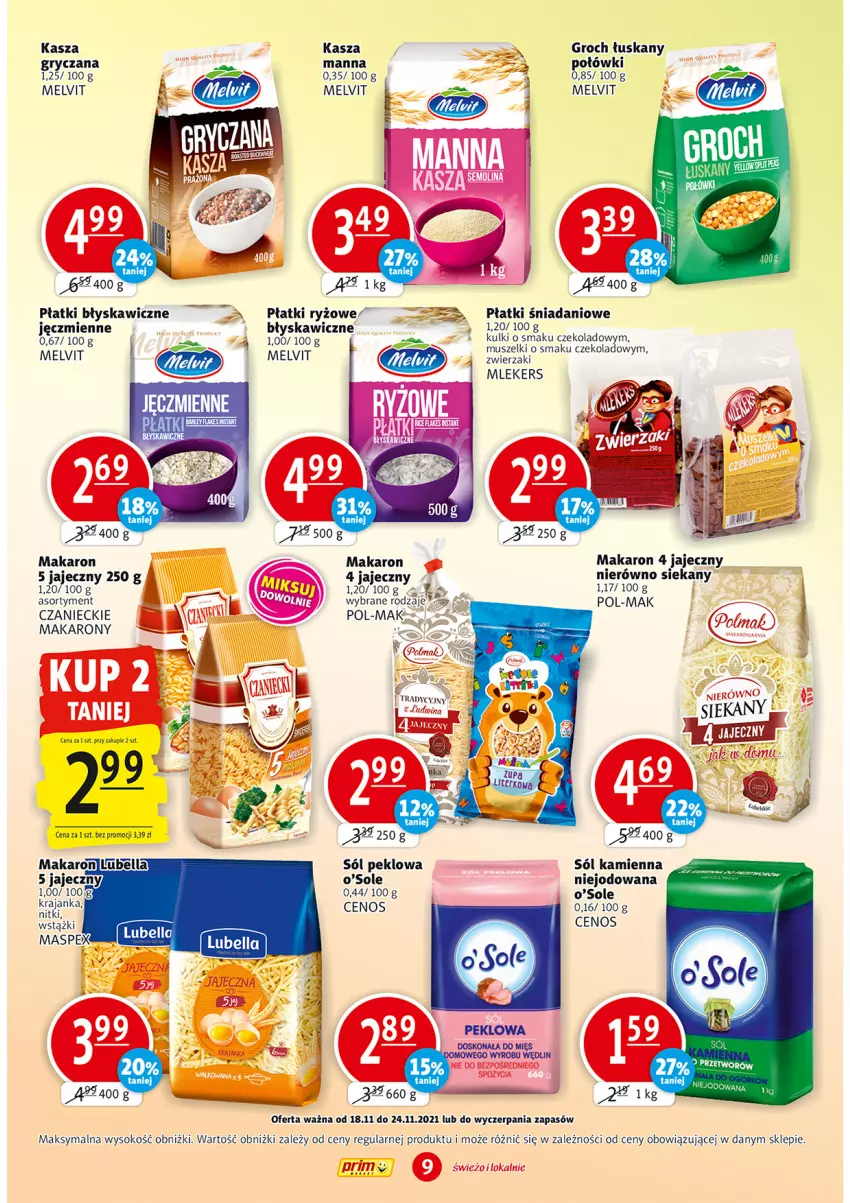 Gazetka promocyjna Prim Market - Gazetka - ważna 18.11 do 24.11.2021 - strona 9 - produkty: Cenos, Danio, Groch, Kasza, Kawa, Koc, Makaron, Melvit, Płatki ryżowe, Ryż, Sok, Sól