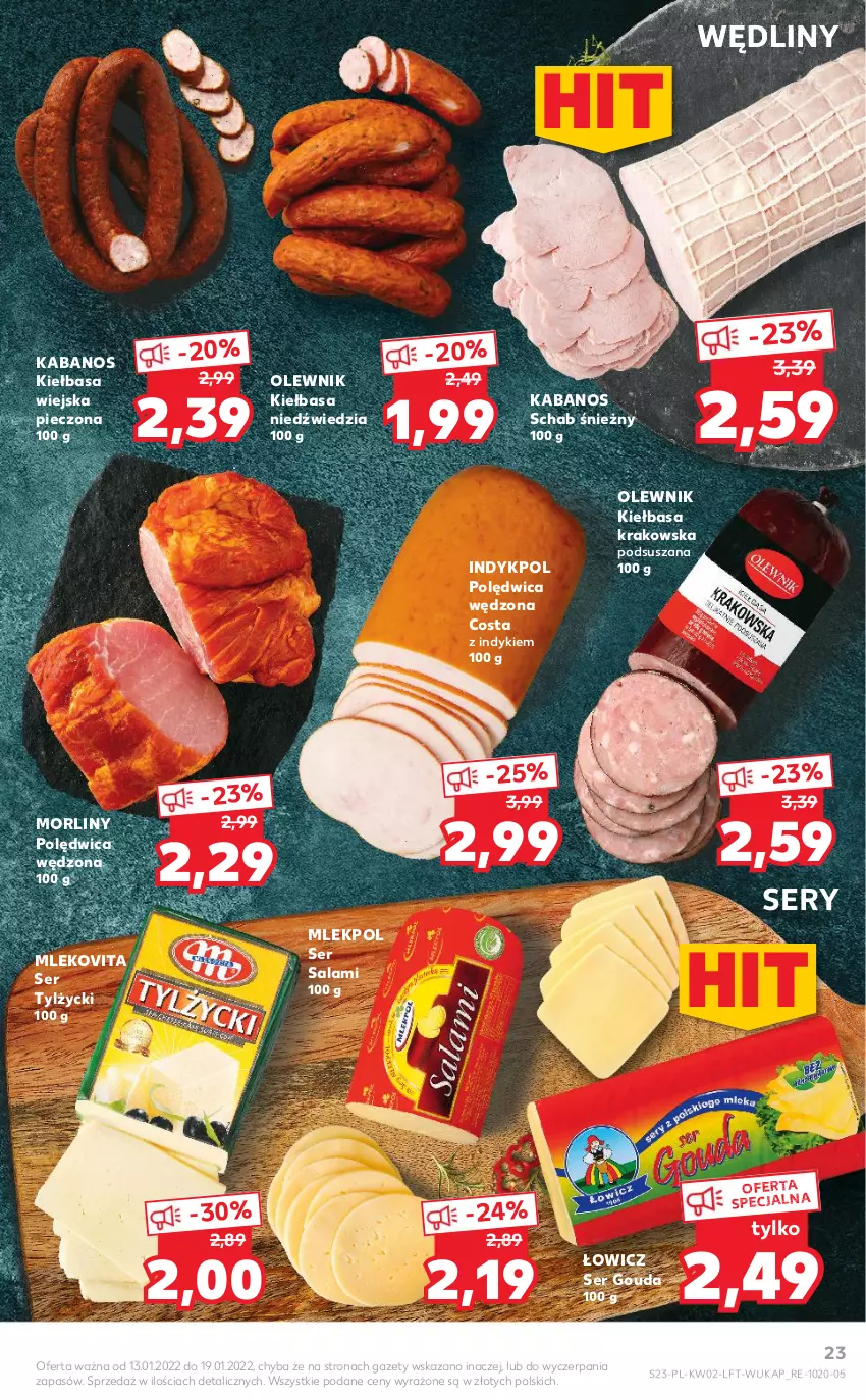 Gazetka promocyjna Kaufland - OFERTA TYGODNIA - ważna 13.01 do 19.01.2022 - strona 23 - produkty: Gouda, Kabanos, Kiełbasa, Kiełbasa krakowska, Kiełbasa wiejska, Mleko, Mlekovita, Morliny, Olewnik, Piec, Polędwica, Salami, Ser, Ser salami, Ser tylżycki