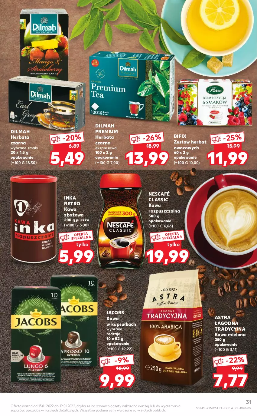 Gazetka promocyjna Kaufland - OFERTA TYGODNIA - ważna 13.01 do 19.01.2022 - strona 31 - produkty: Dilmah, Herbata, Herbata czarna, Inka, Jacobs, Kawa, Kawa mielona, Kawa rozpuszczalna, Kawa zbożowa, Nescafé