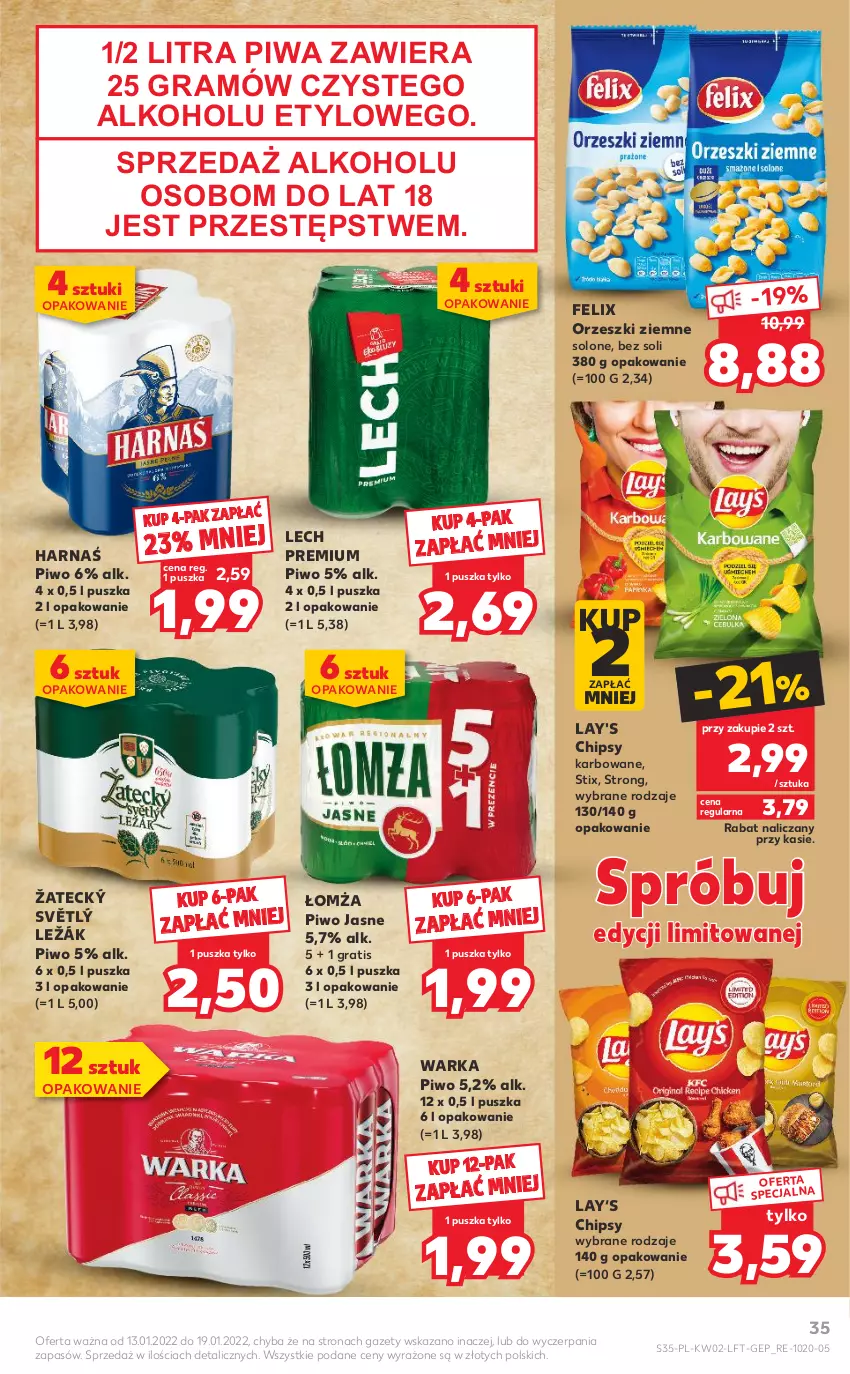 Gazetka promocyjna Kaufland - OFERTA TYGODNIA - ważna 13.01 do 19.01.2022 - strona 35 - produkty: Chipsy, Felix, Gra, Harnaś, Lech Premium, Orzeszki, Orzeszki ziemne, Piwa, Piwo, Piwo jasne, Warka