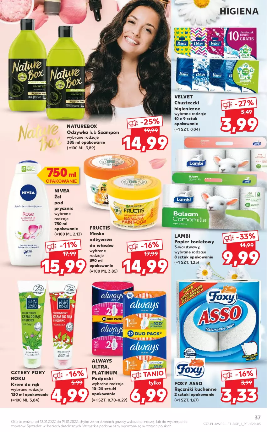 Gazetka promocyjna Kaufland - OFERTA TYGODNIA - ważna 13.01 do 19.01.2022 - strona 37 - produkty: Always, Always Ultra, Chusteczki, Foxy, Fructis, Krem do rąk, Maska, Nivea, Odżywka, Papier, Papier toaletowy, Podpaski, Por, Ręcznik, Szampon, Velvet