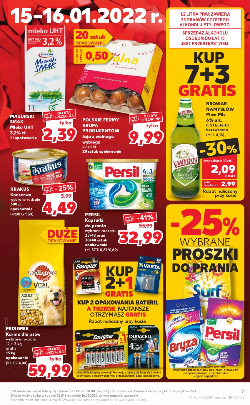 Gazetka promocyjna Kaufland - OFERTA TYGODNIA - ważna 13.01 do 19.01.2022 - strona 7 - produkty: Gra, Jaja, Jaja z wolnego wybiegu, Kapsułki do prania, Krakus, Mleko, Namysłów, Pedigree, Persil, Piwa, Piwo, Ser, Waga