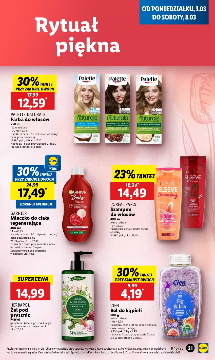 Gazetka promocyjna Lidl - GAZETKA - ważna 03.03 do 05.03.2025 - strona 27 - produkty: Fa, Farba do włosów, Garnier, Herbapol, L’Oréal, Mięta, Mleczko, Mleczko do ciała, Olej, Palette, Sól, Sól do kąpieli, Szampon