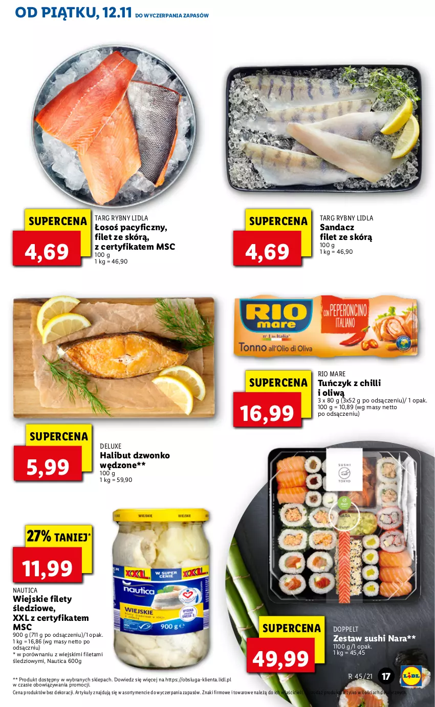 Gazetka promocyjna Lidl - GAZETKA - ważna 12.11 do 14.11.2021 - strona 17 - produkty: Halibut, Por, Rio Mare, Sandacz, Sandacz filet, Sushi, Tuńczyk