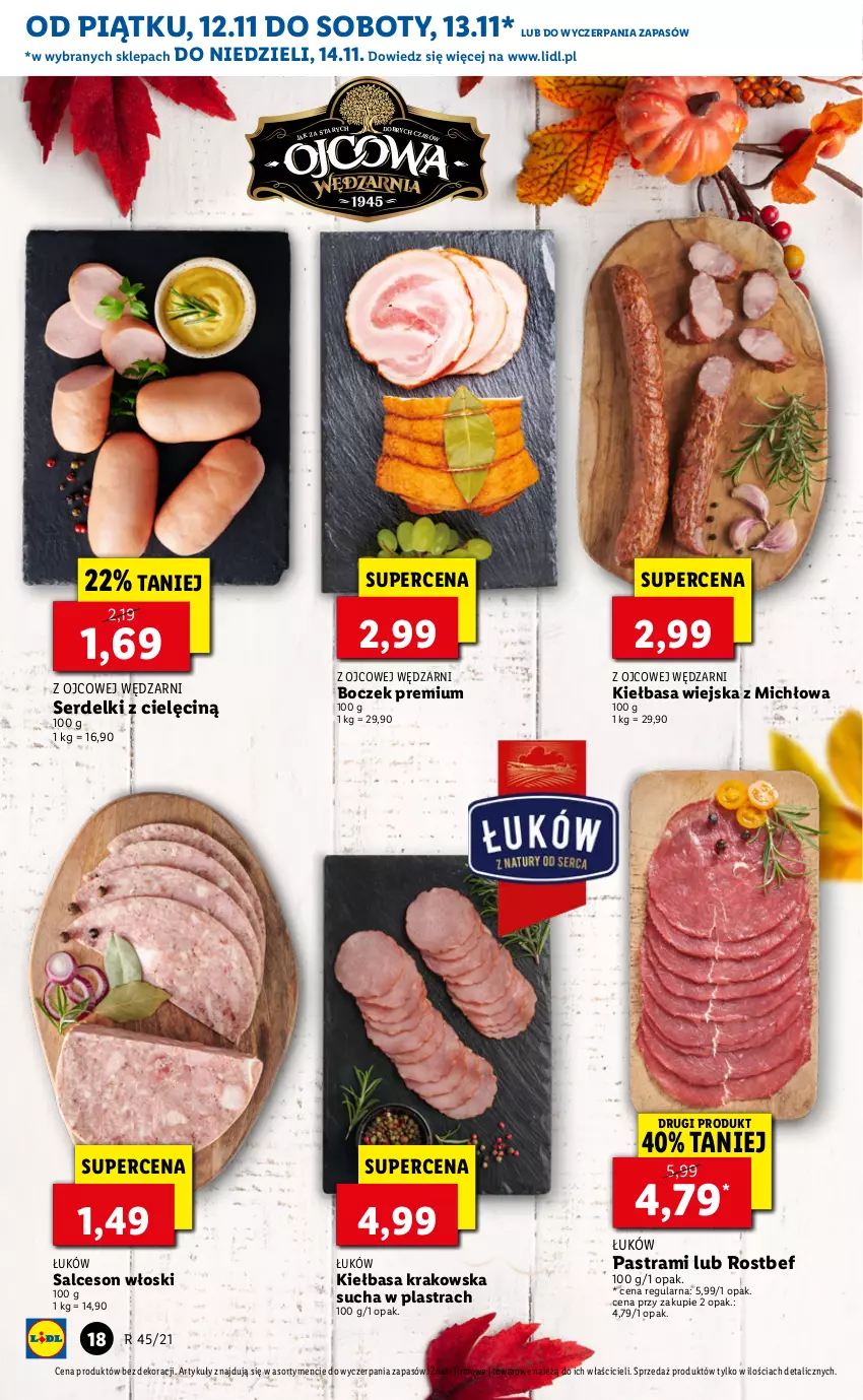 Gazetka promocyjna Lidl - GAZETKA - ważna 12.11 do 14.11.2021 - strona 18 - produkty: Boczek, Kiełbasa, Kiełbasa krakowska, Kiełbasa wiejska, Rostbef, Salceson, Ser, Serdelki