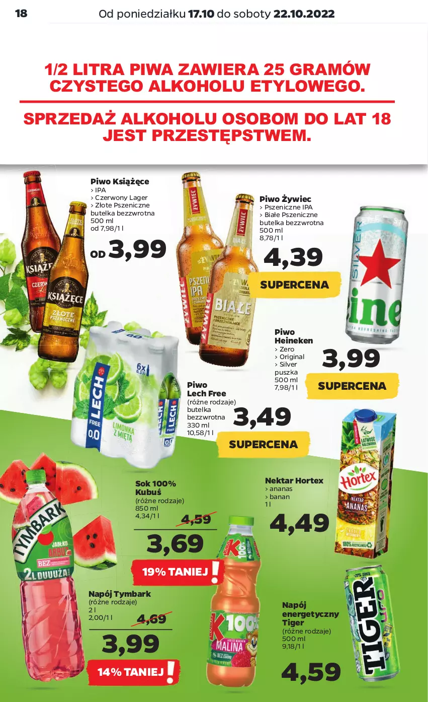 Gazetka promocyjna Netto - Artykuły spożywcze - ważna 17.10 do 22.10.2022 - strona 18 - produkty: Ananas, Gin, Gra, Heineken, Hortex, Książęce, Kubuś, Napój, Napój energetyczny, Nektar, Piwa, Piwo, Sok, Tiger, Tymbark