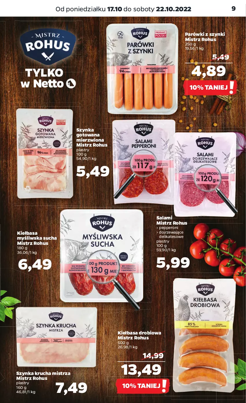 Gazetka promocyjna Netto - Artykuły spożywcze - ważna 17.10 do 22.10.2022 - strona 9 - produkty: Fa, Kiełbasa, Parówki, Parówki z szynki, Salami, Smakowita, Szynka